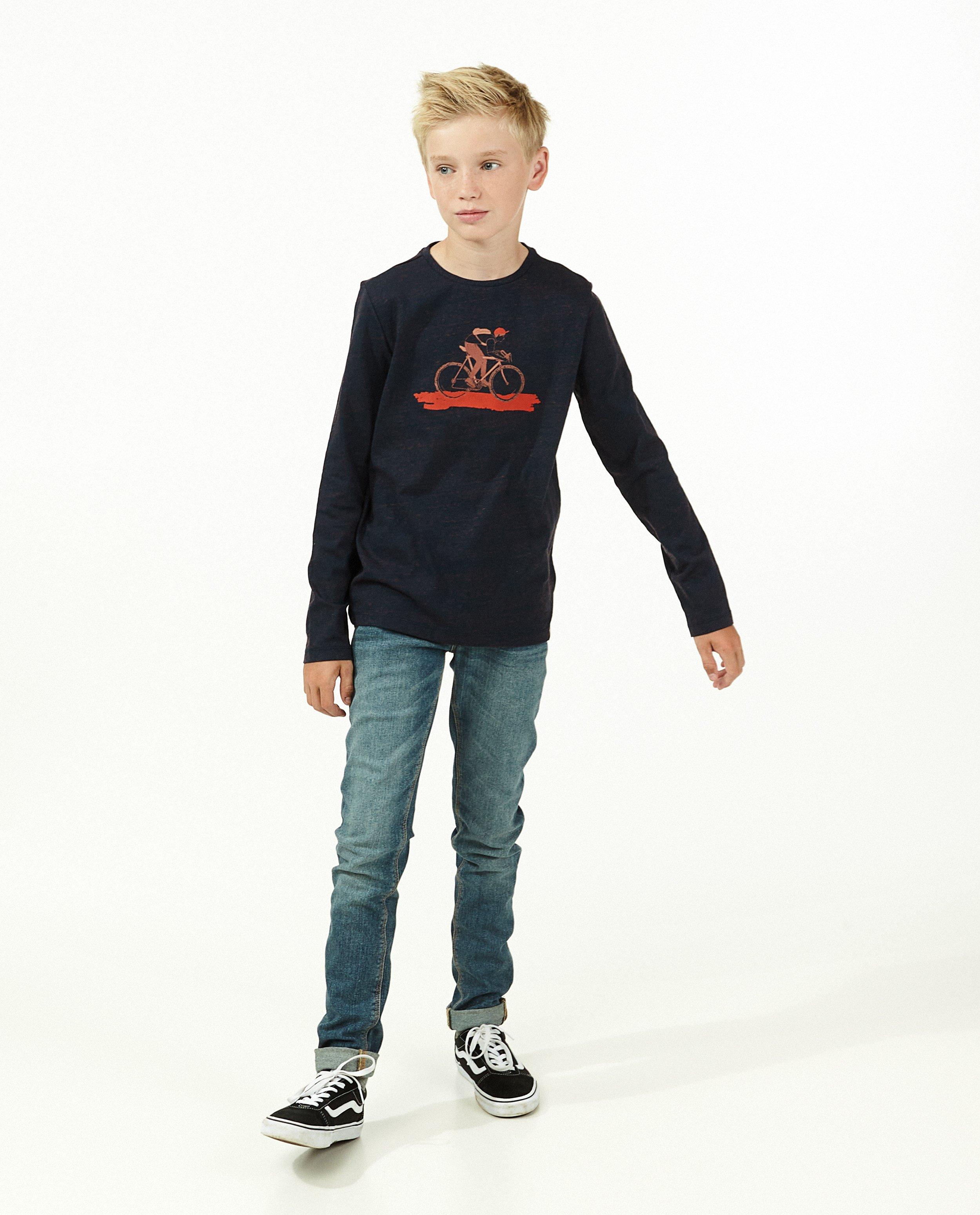Biokatoenen longsleeve in blauw - met print - Fish & Chips
