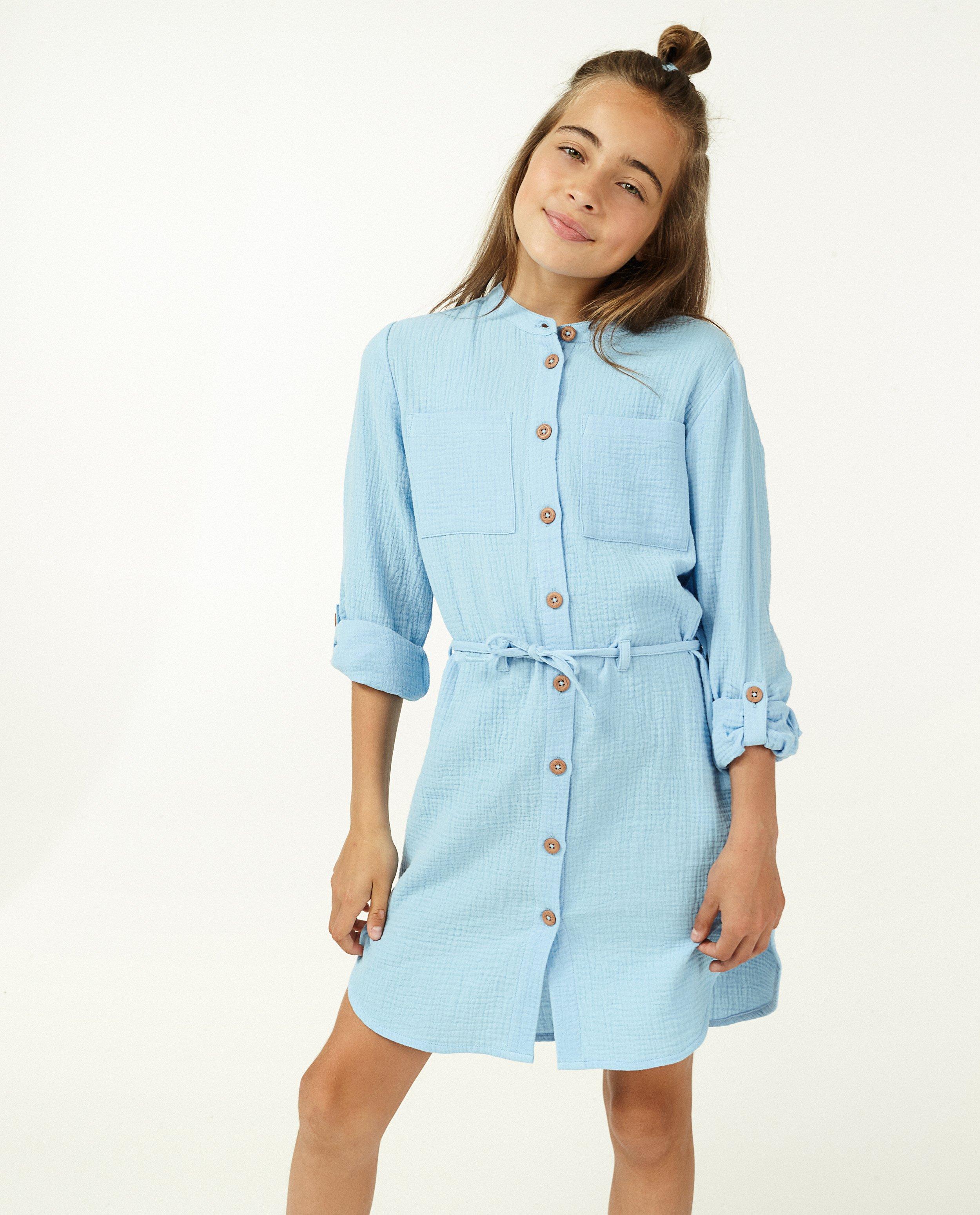 Robe bleu clair en matière tétra - ceinture à nouer - Fish & Chips