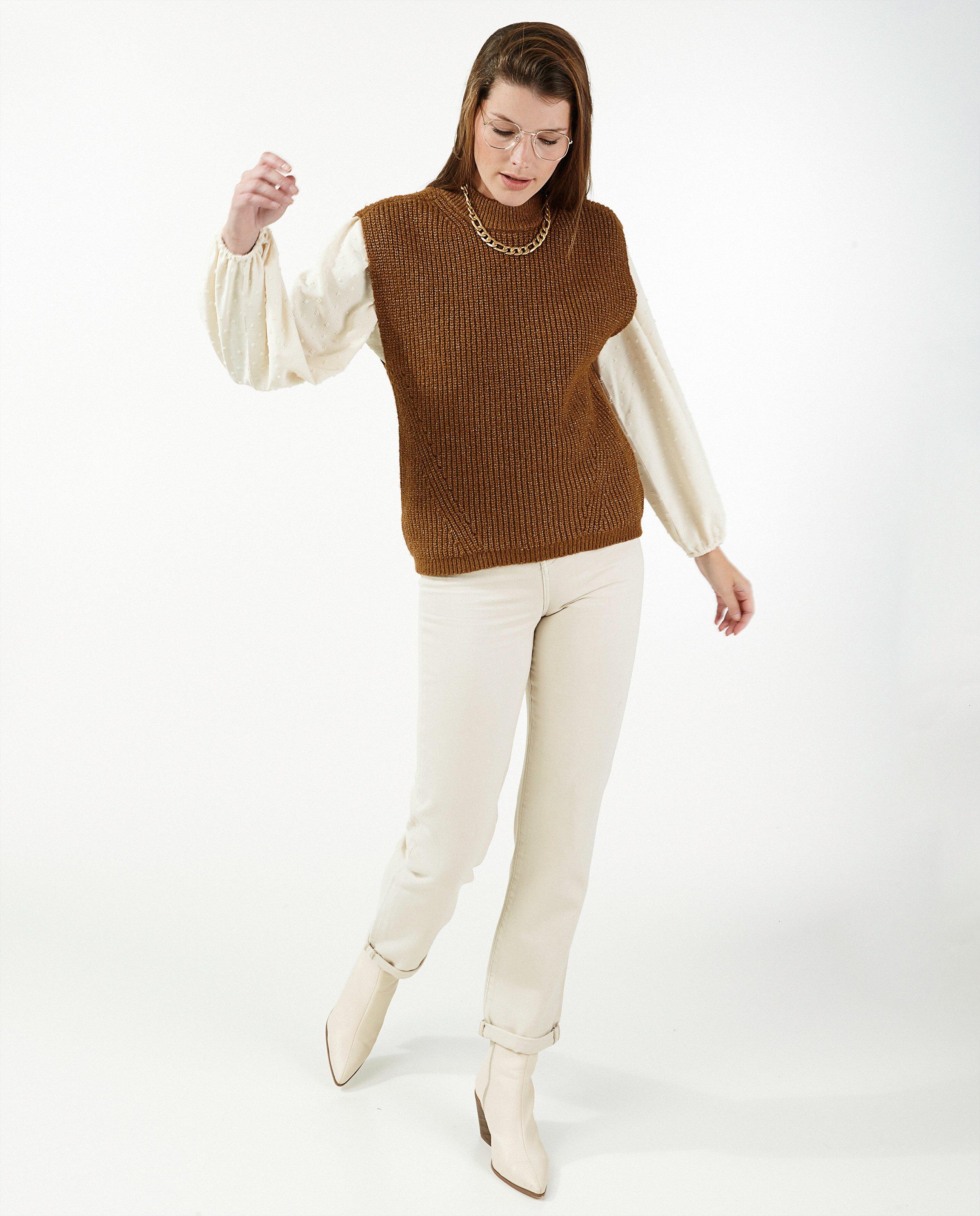 Débardeur brun avec fil métallisé, Sora - en fin tricot - Sora