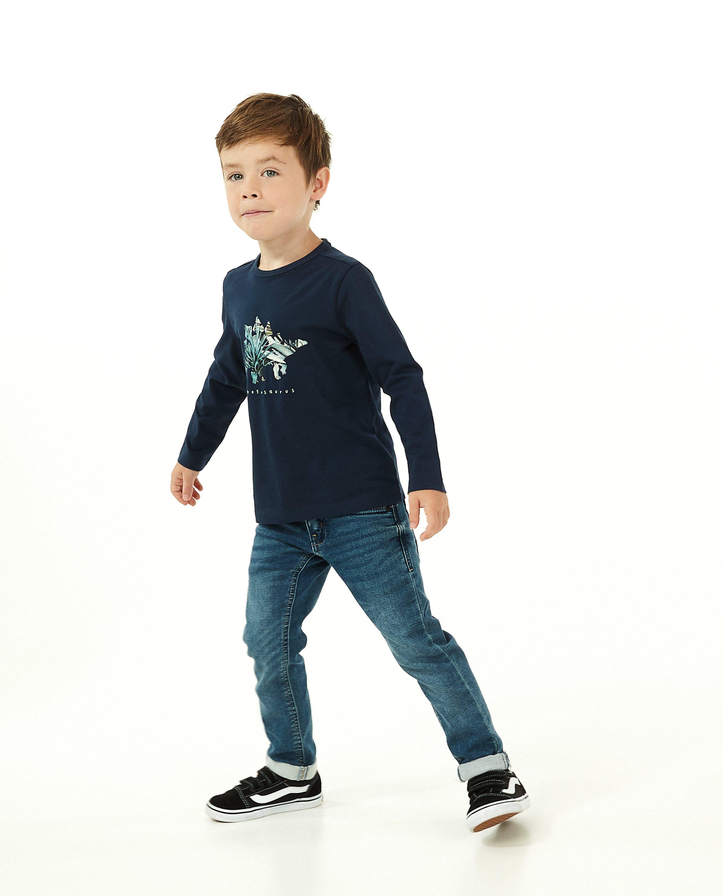 T-shirt bleu à manches longues, imprimé de dino - avec du stretch - Kidz Nation