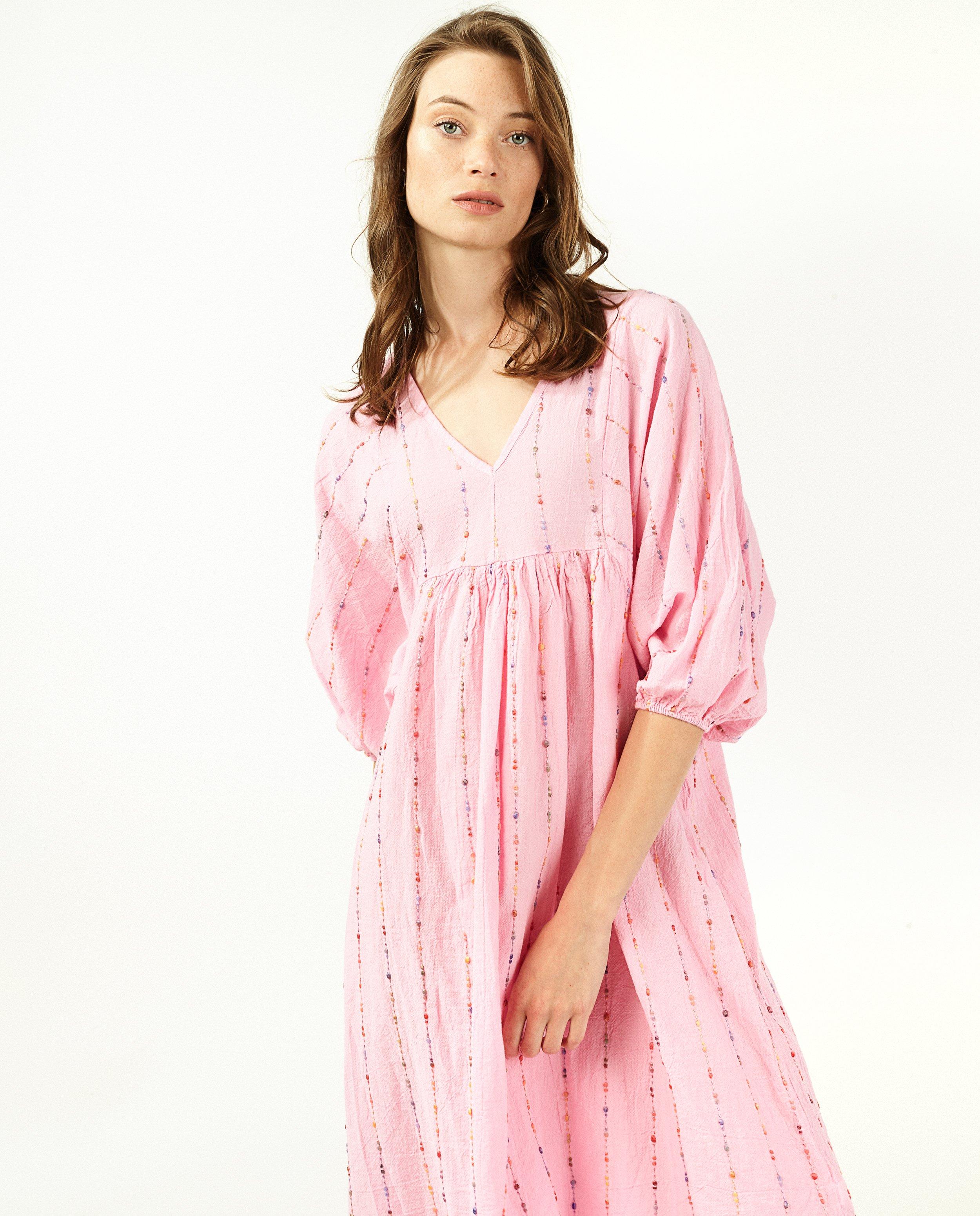 Roze jurk met borduursel - met lange mouwen - Paris