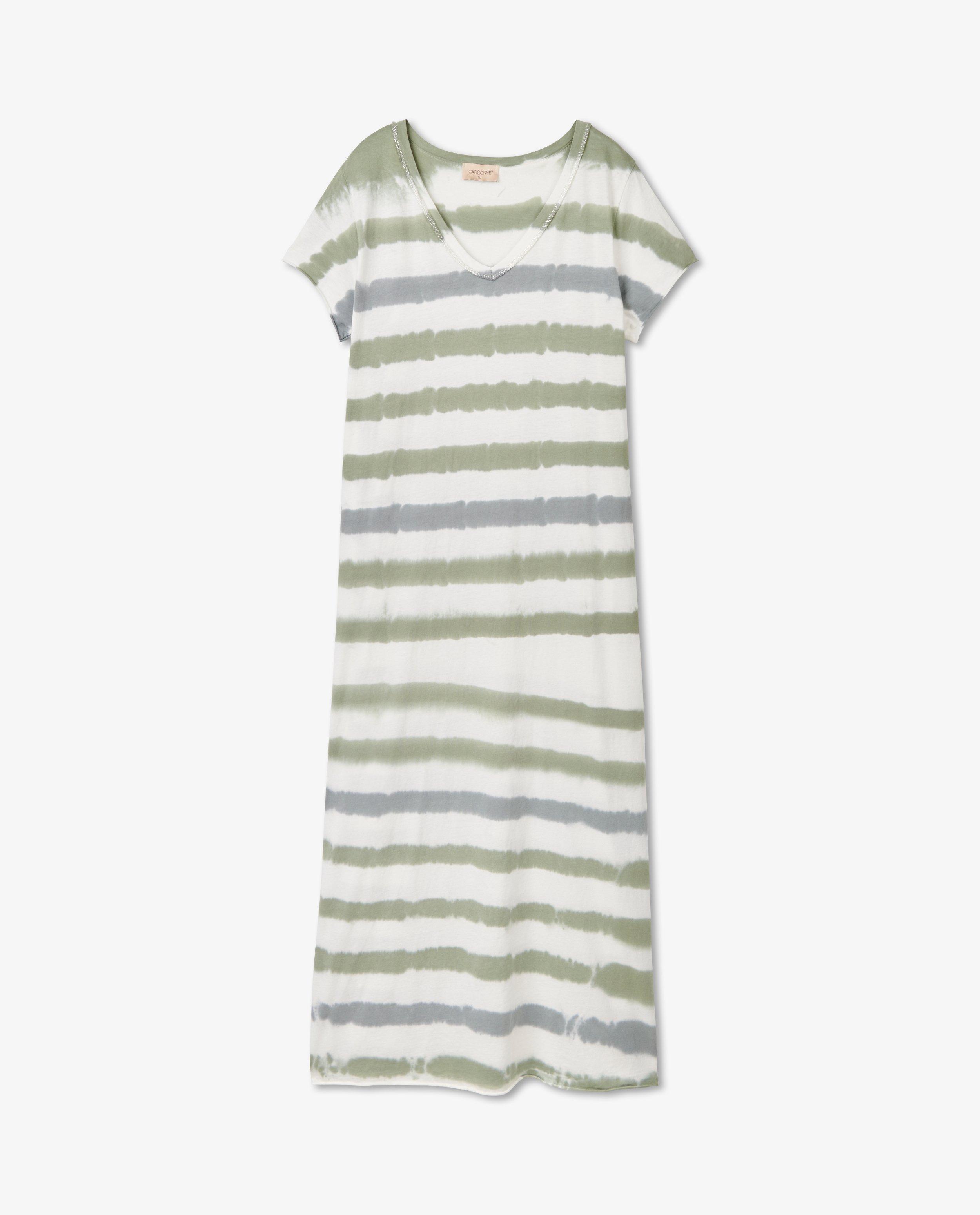 Witte T-shirtjurk met strepen - in groen en blauwgrijs - Paris