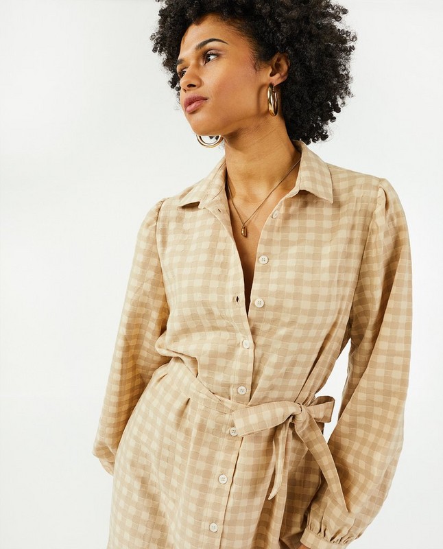 Kleedjes - Beige jurk met ruiten Sora