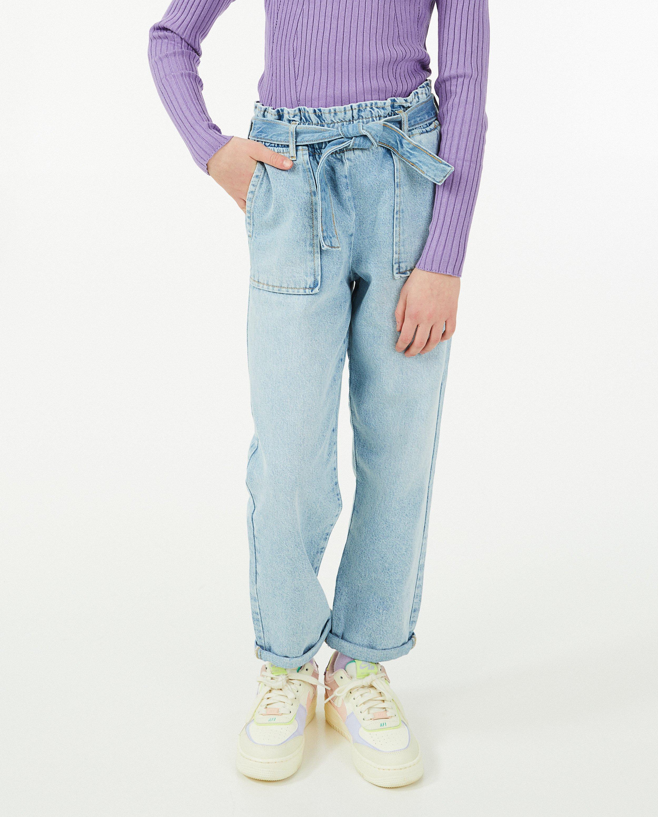 Jeans - Jeans mom bleu, ceinture à nouer