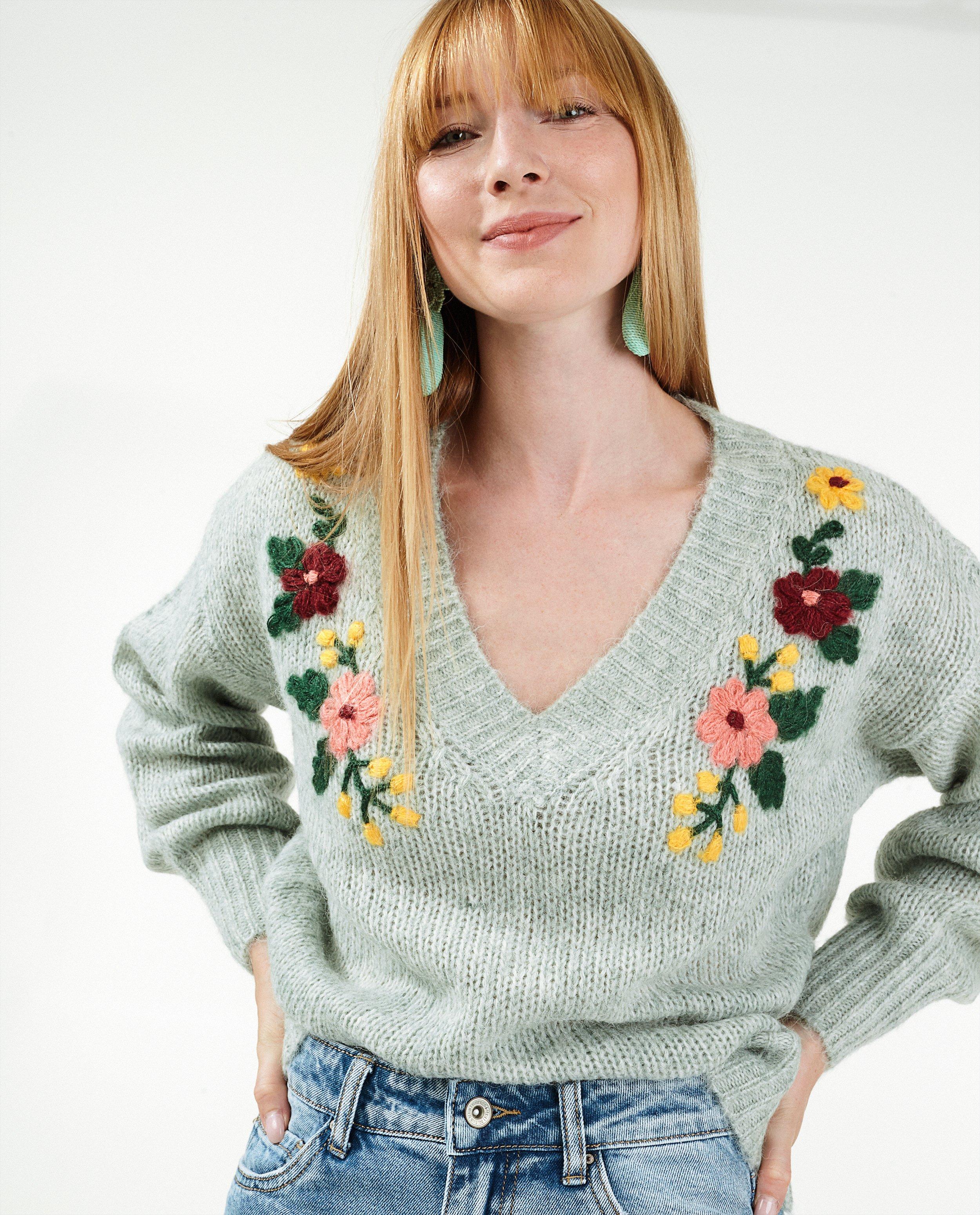 Pulls - Pull gris à fleurs