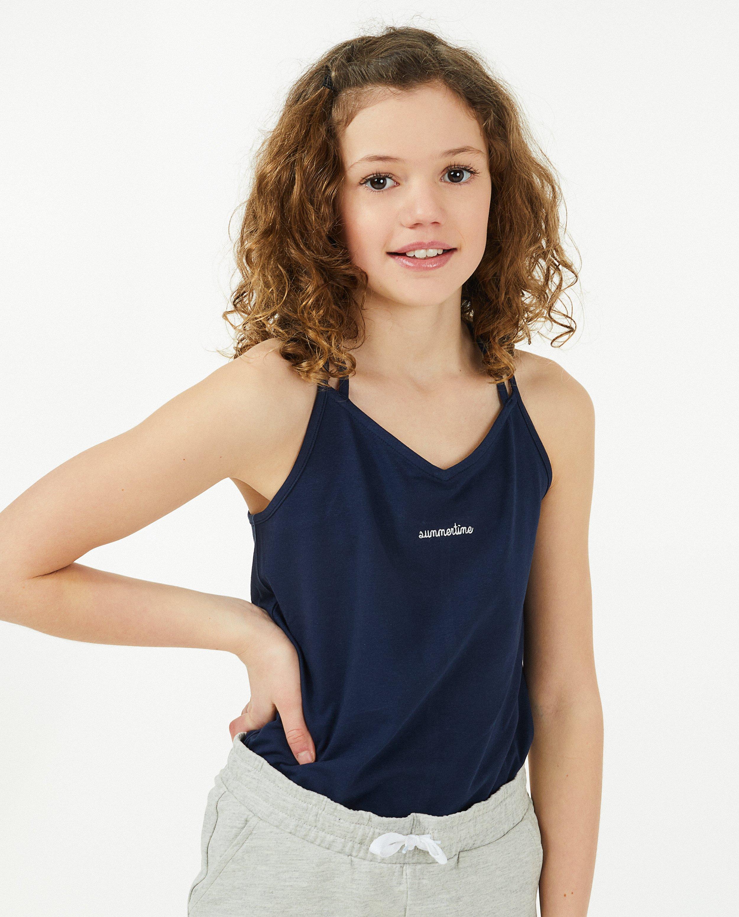 T-shirts - Donkerblauwe top met opschrift