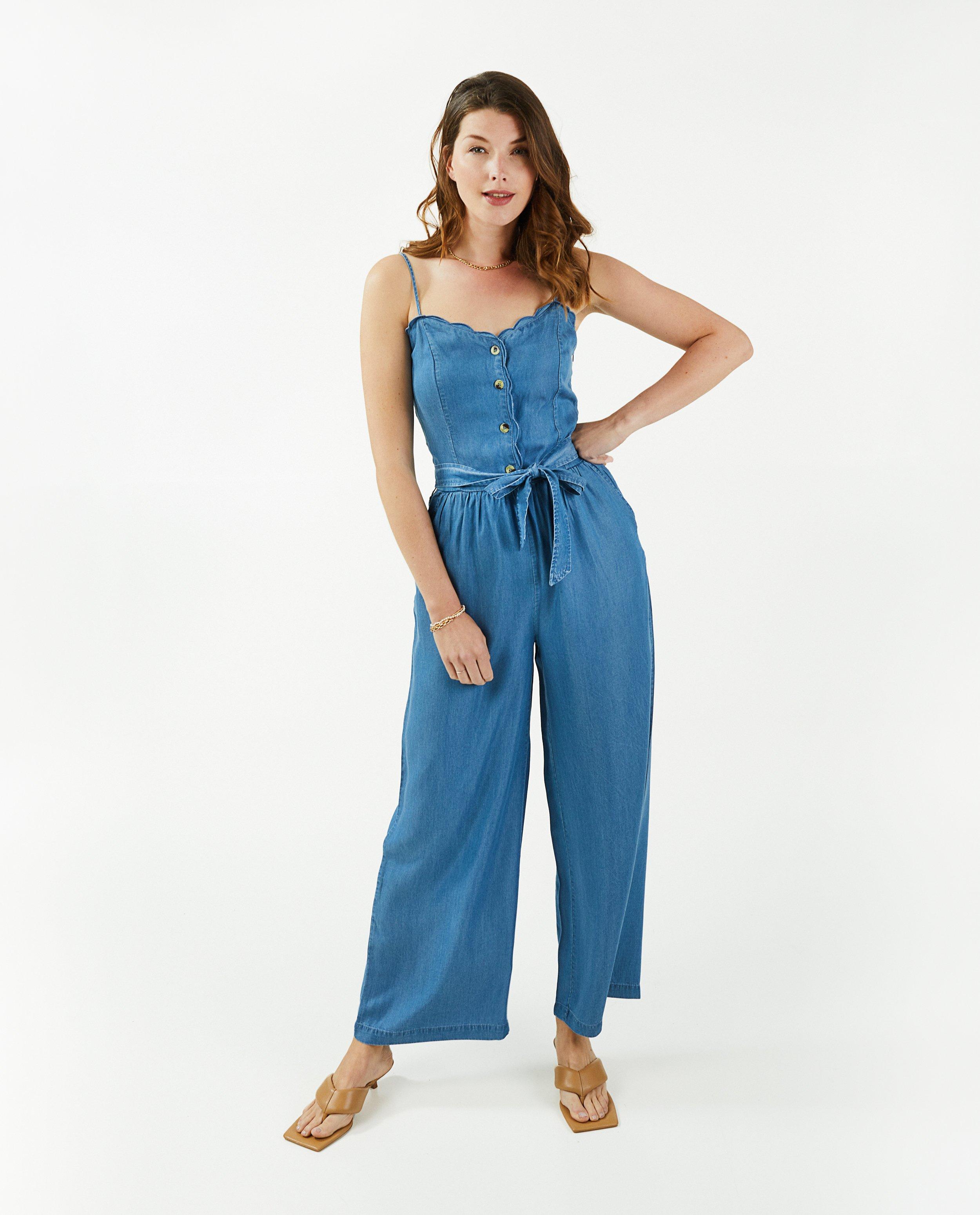 Jumpsuit - Denim jumpsuit met golfboorden
