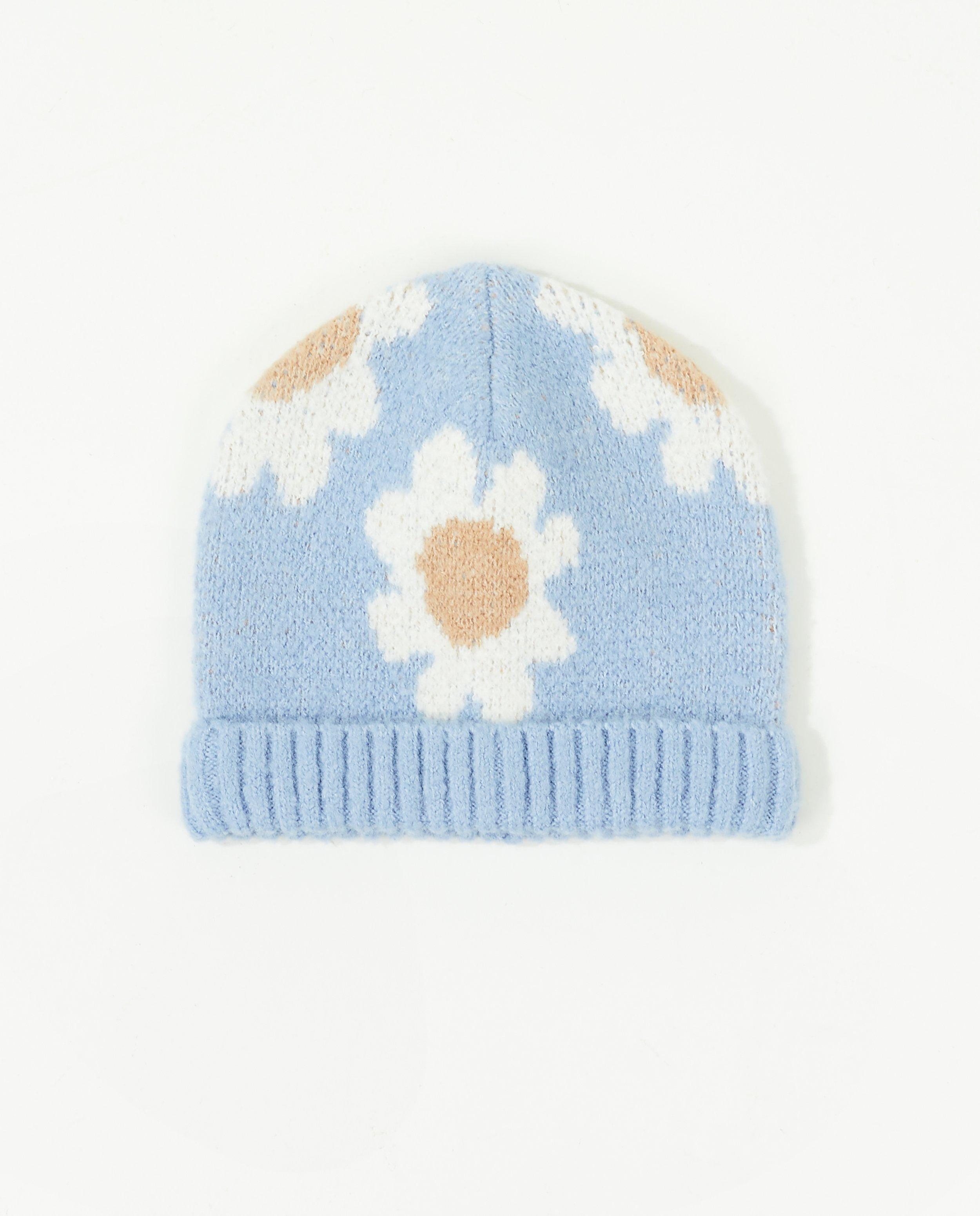 Breigoed - Blauwe muts met bloemen