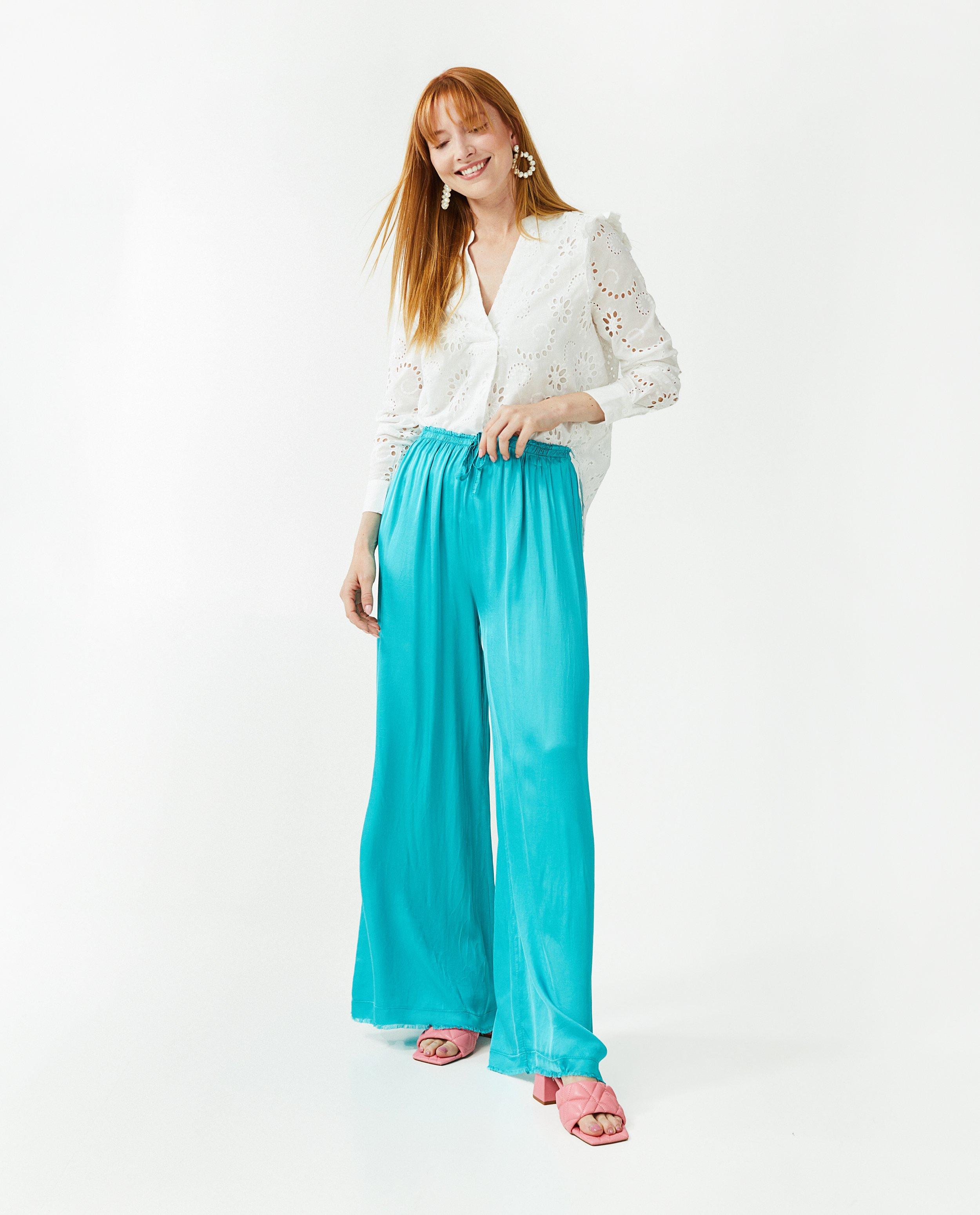 Turquoise satijnen broek - Product Detail - felblauw - afbeelding nummer 1