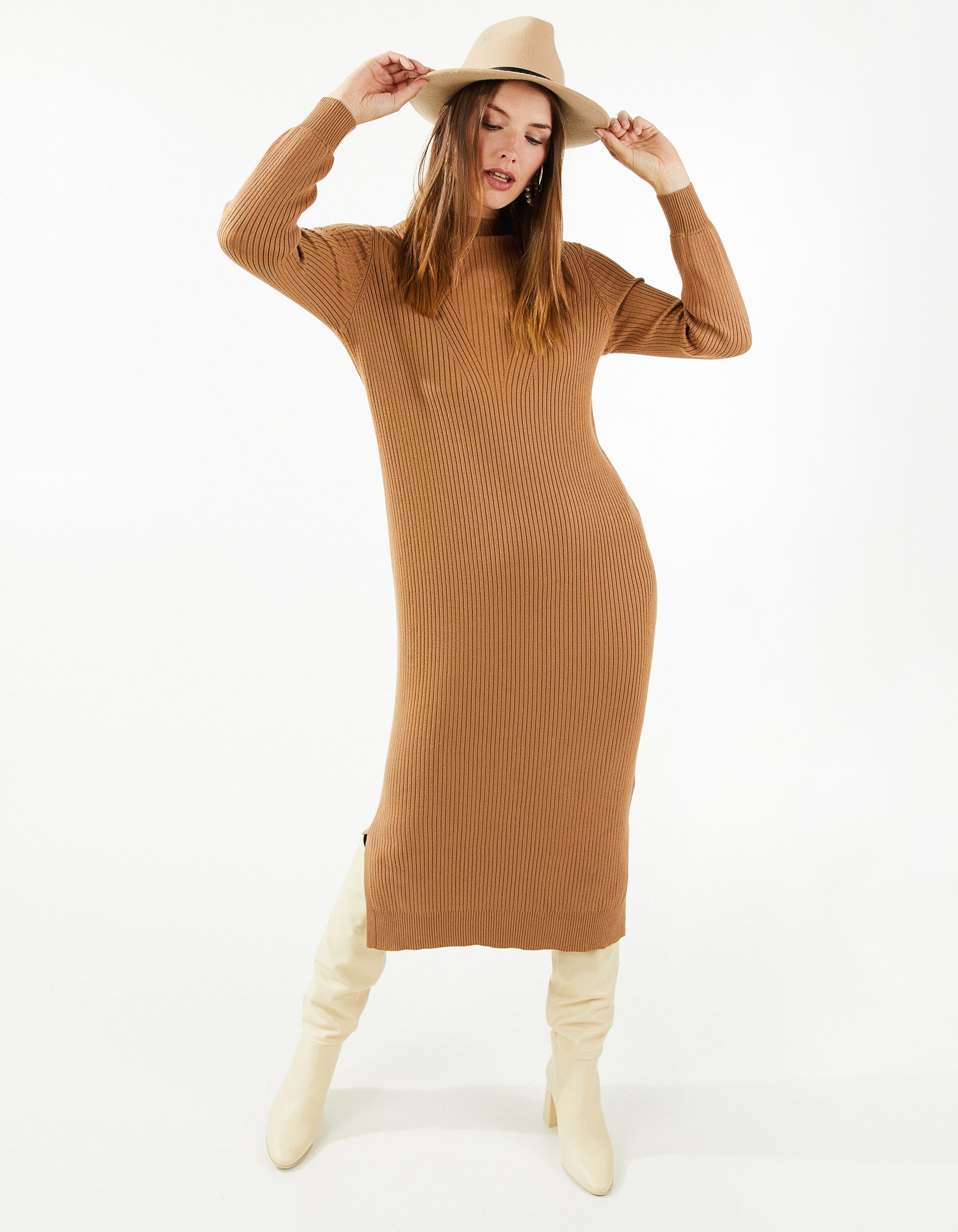 Kleedjes - Gebreide maxi-jurk in bruin