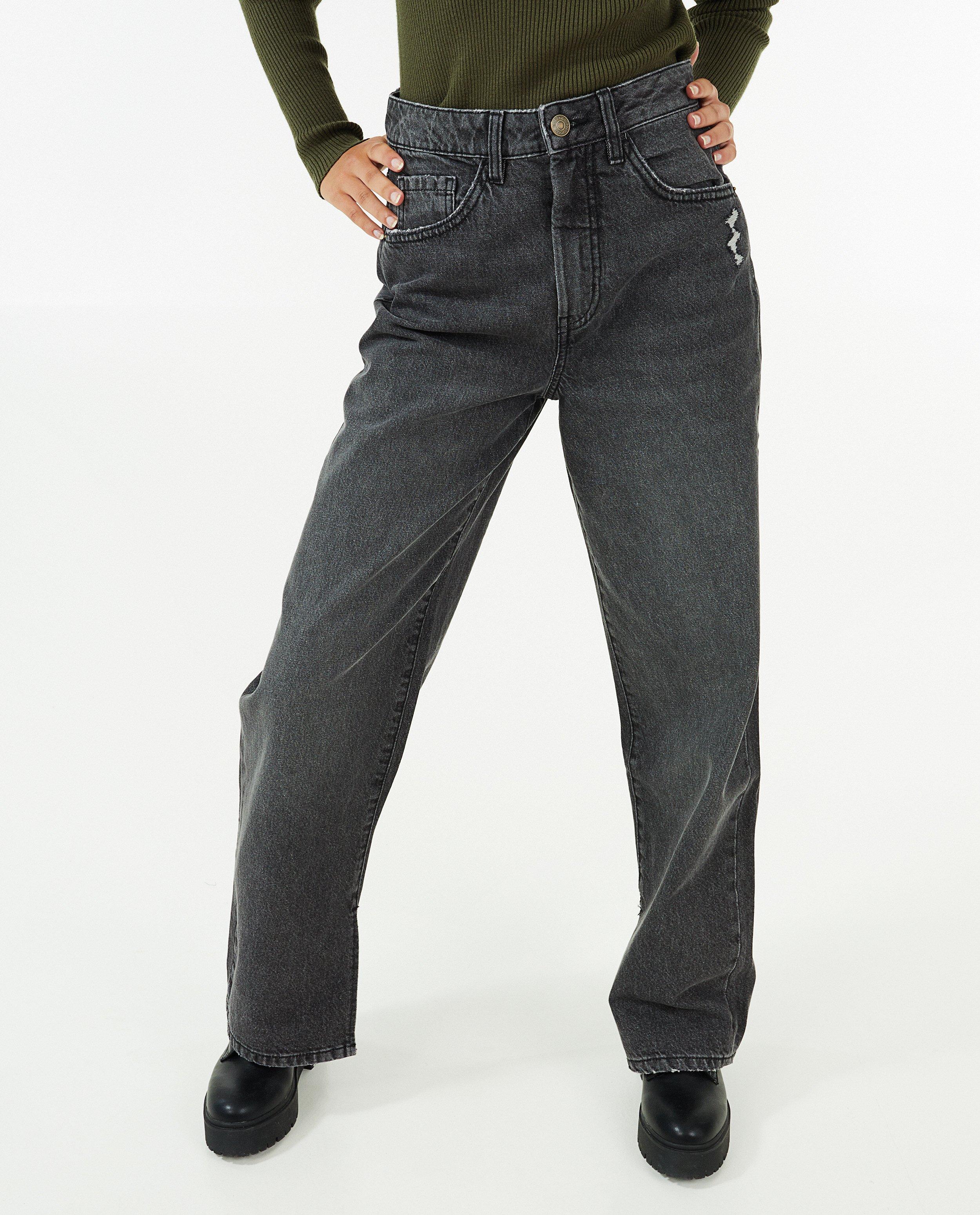 Jeans - Donkergrijze flared jeans met splits