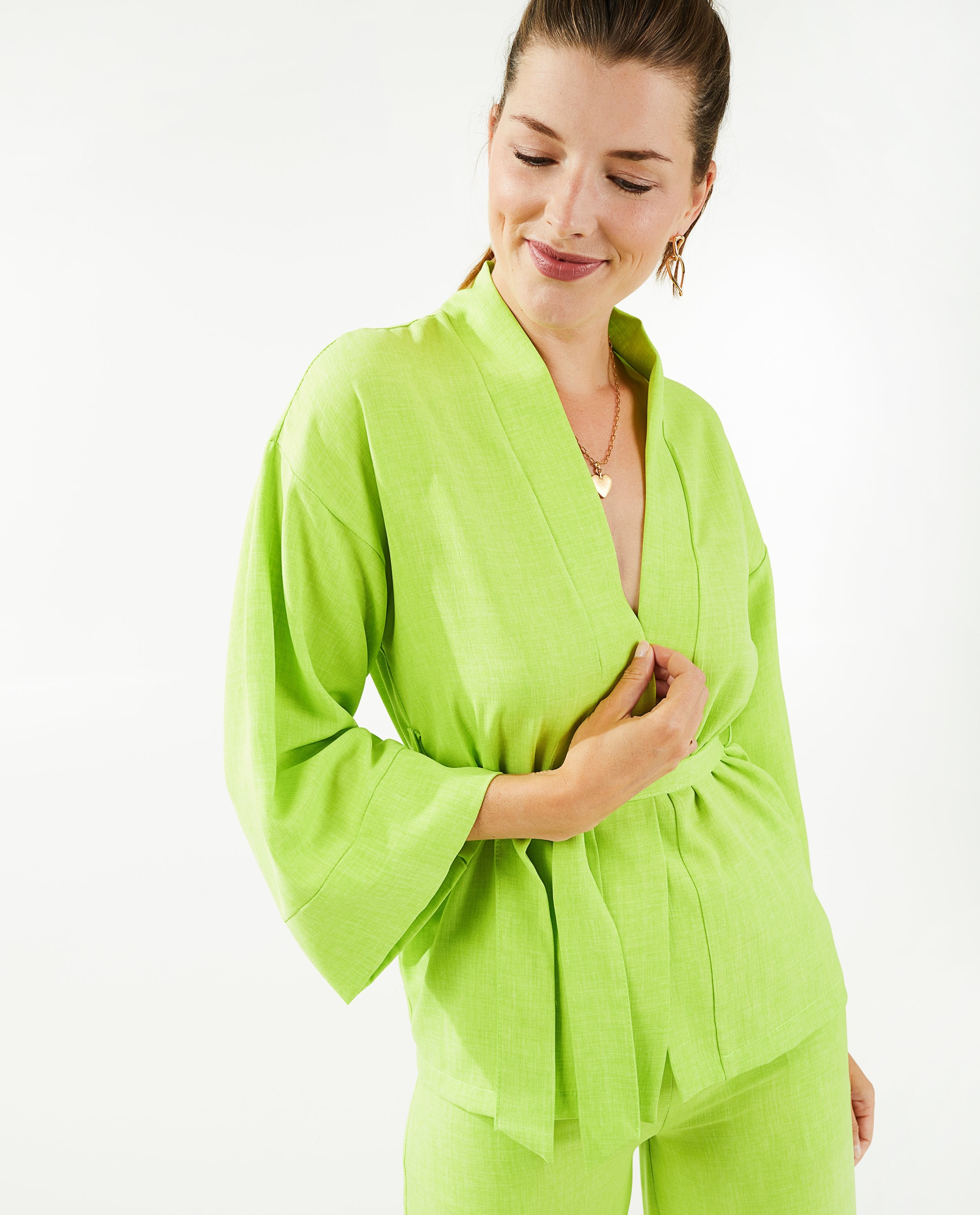 Cardigans - Kimono vert pâle à ceinture à nouer