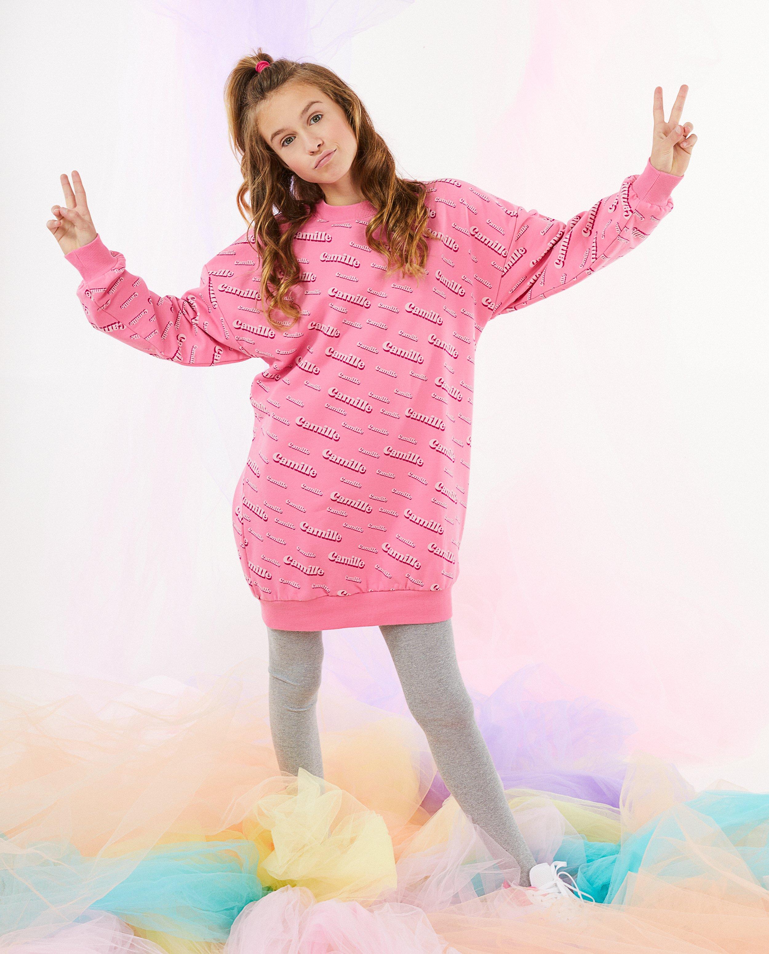 Kleedjes - Roze sweaterjurk met print