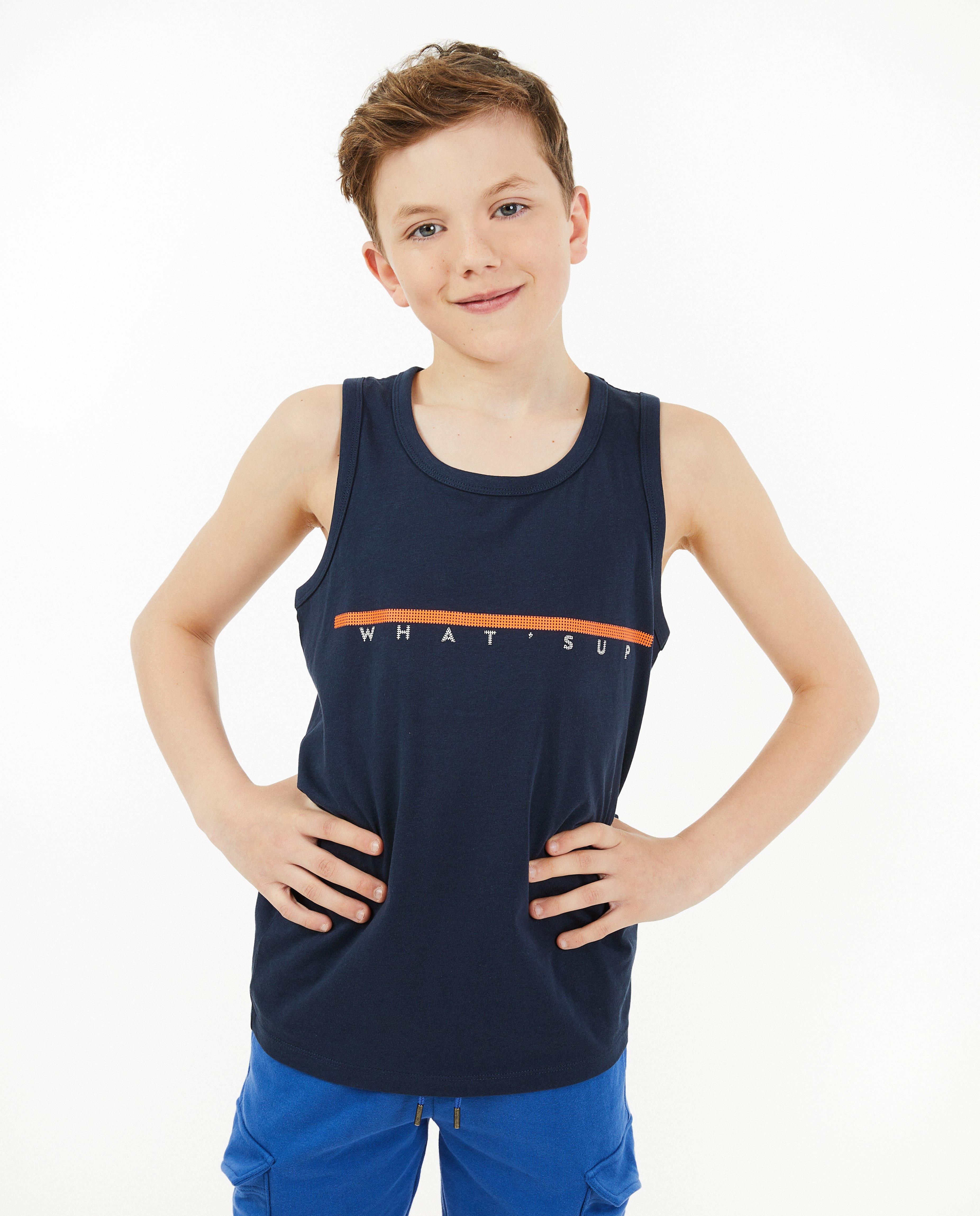 T-shirts - Donkerblauwe top met opschrift