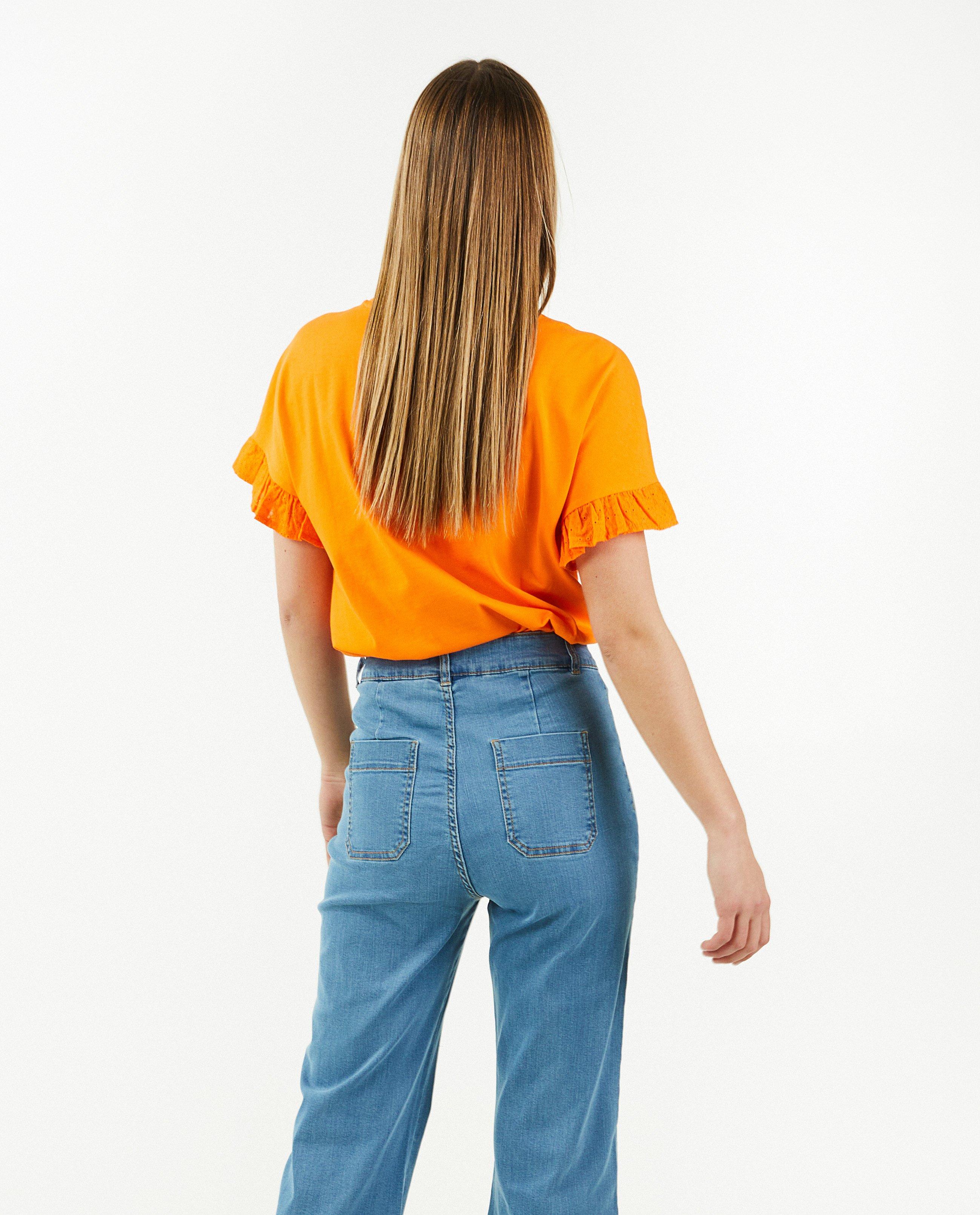 Oranje T-shirt met volants, dames - Product Detail - feloranje - afbeelding nummer 3