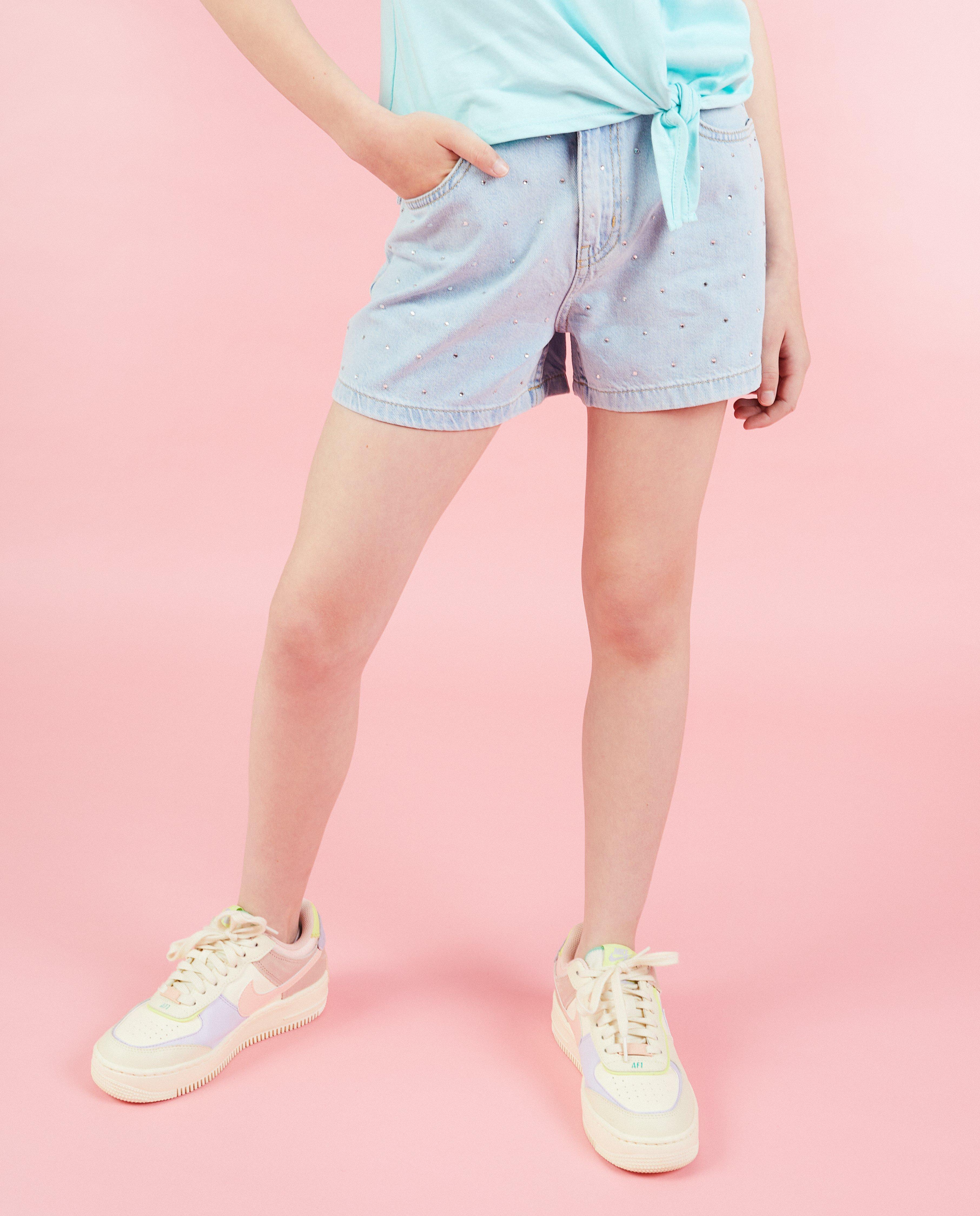 Shorten - Jeansshort met strass-steentjes
