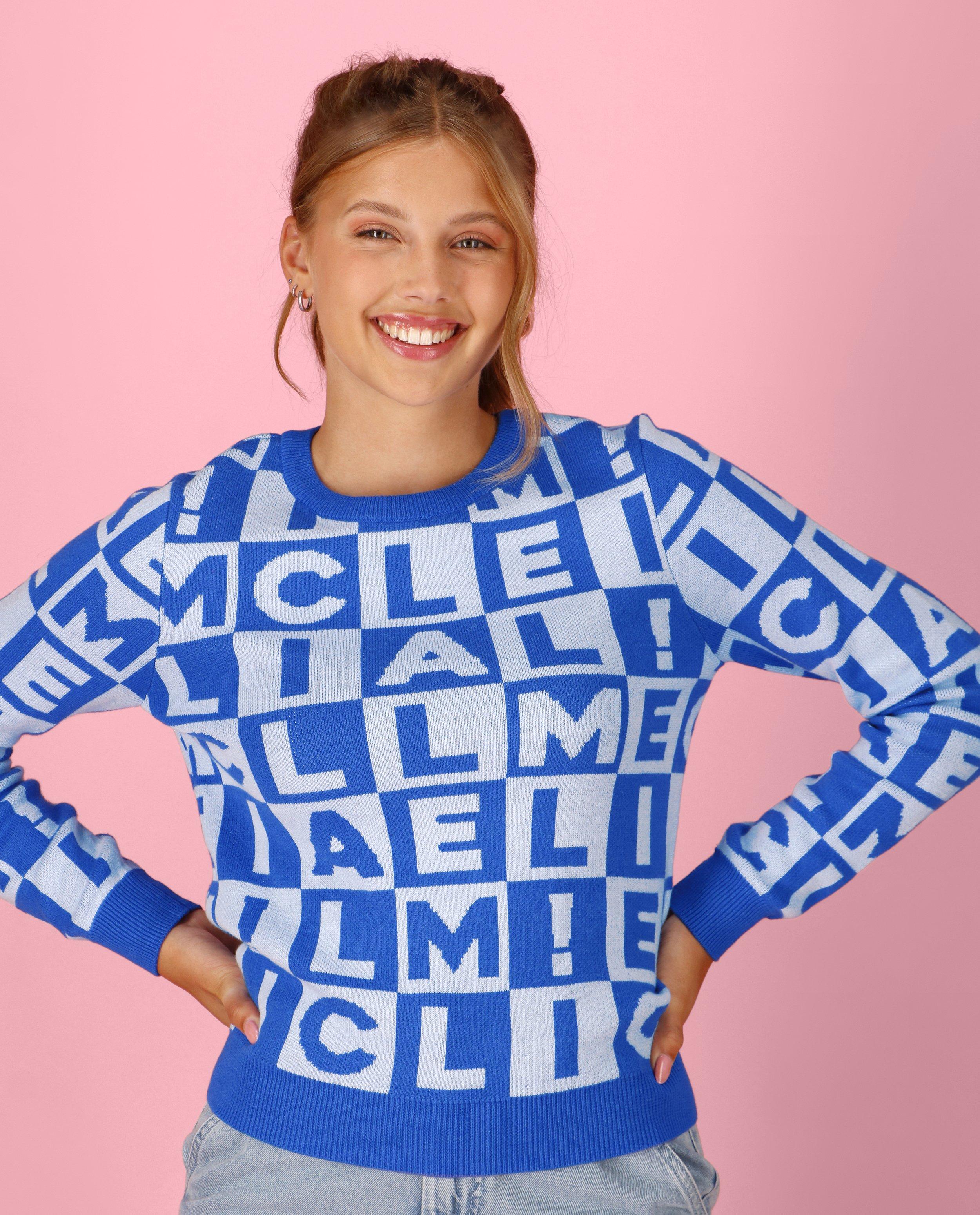 Blauwe trui met ruitpatroon, XS-XL - null - CAMILLE