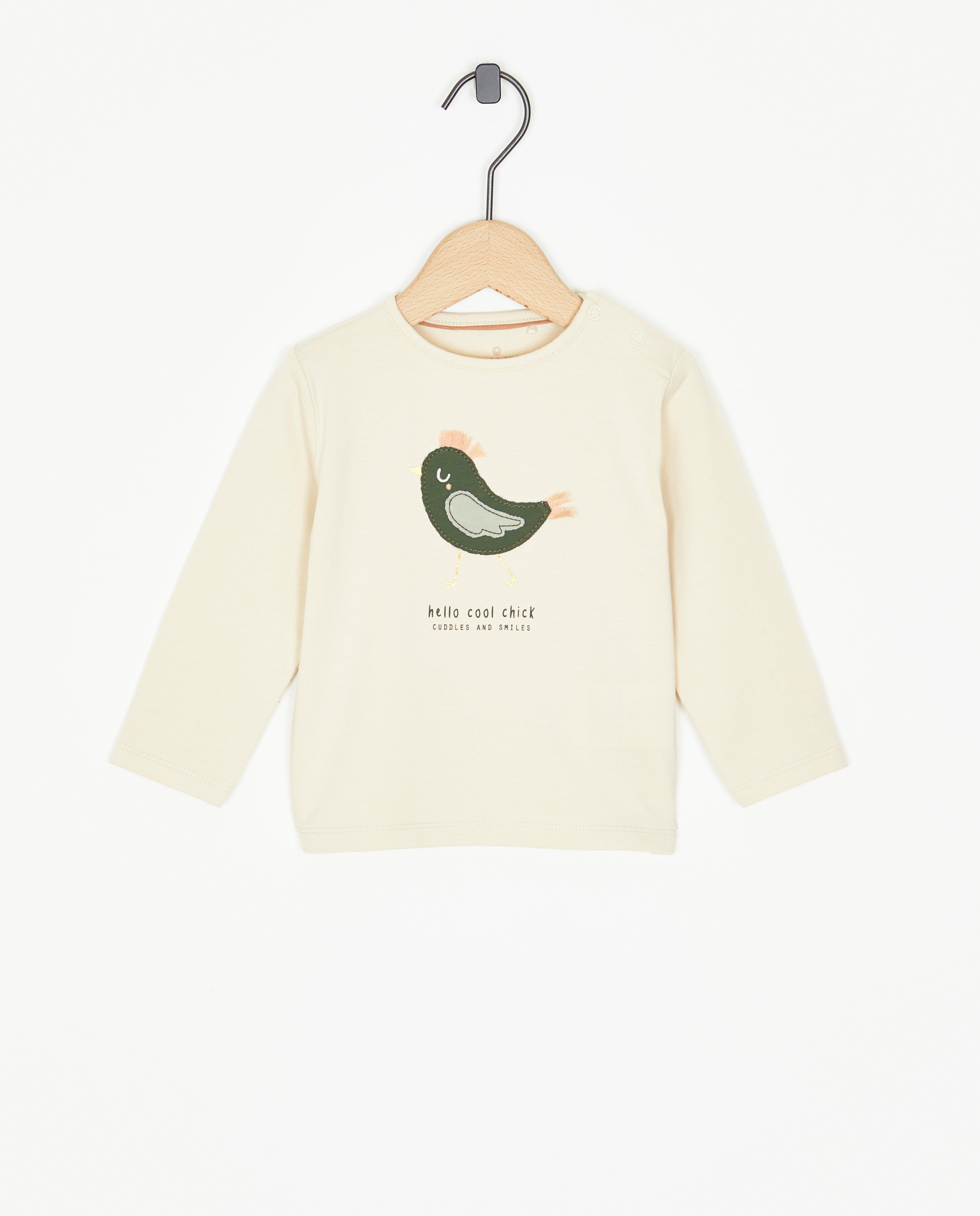T-shirts - T-shirt beige à manches longues avec un oiseau