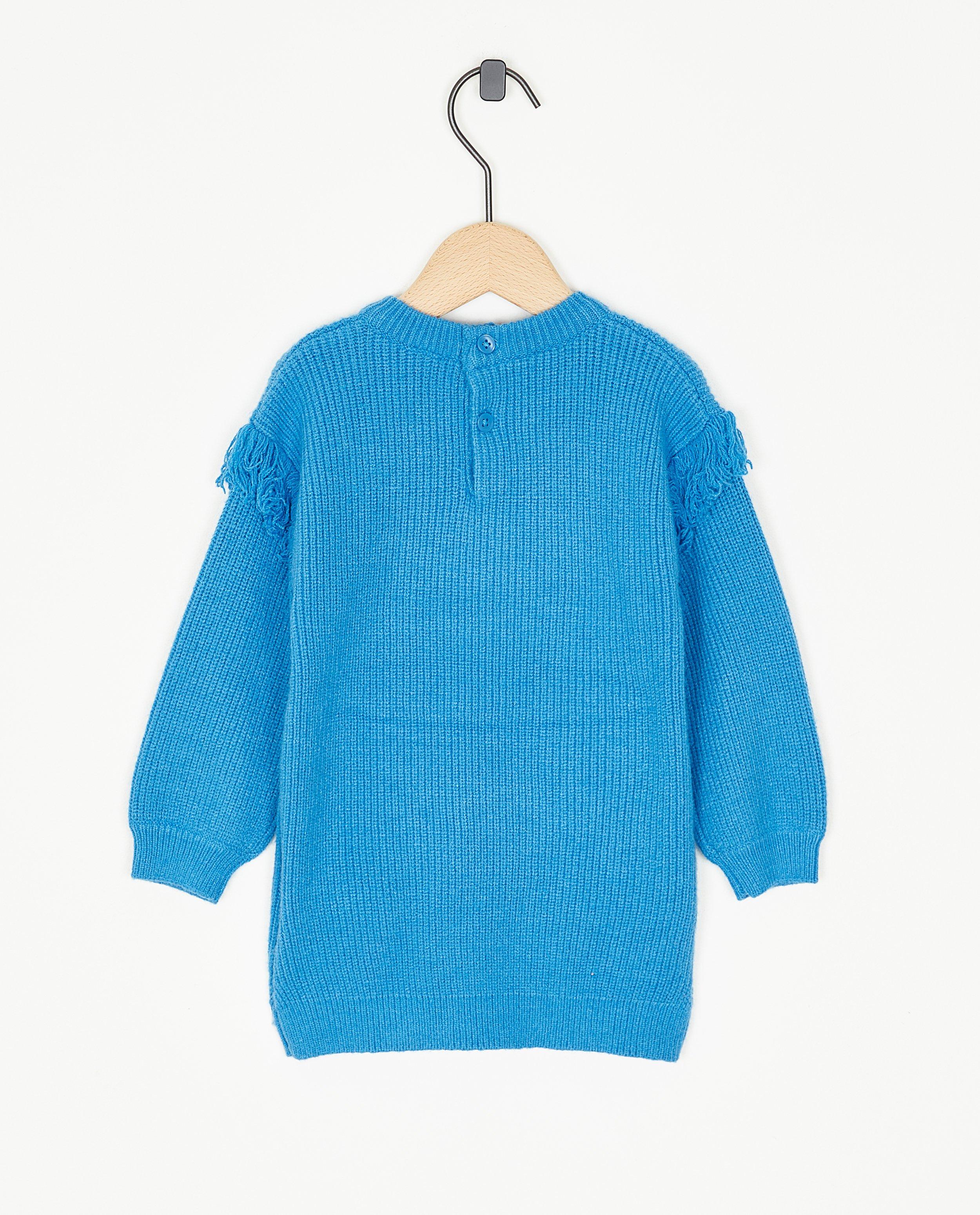 Robes - Robe bleue en tricot avec des franges