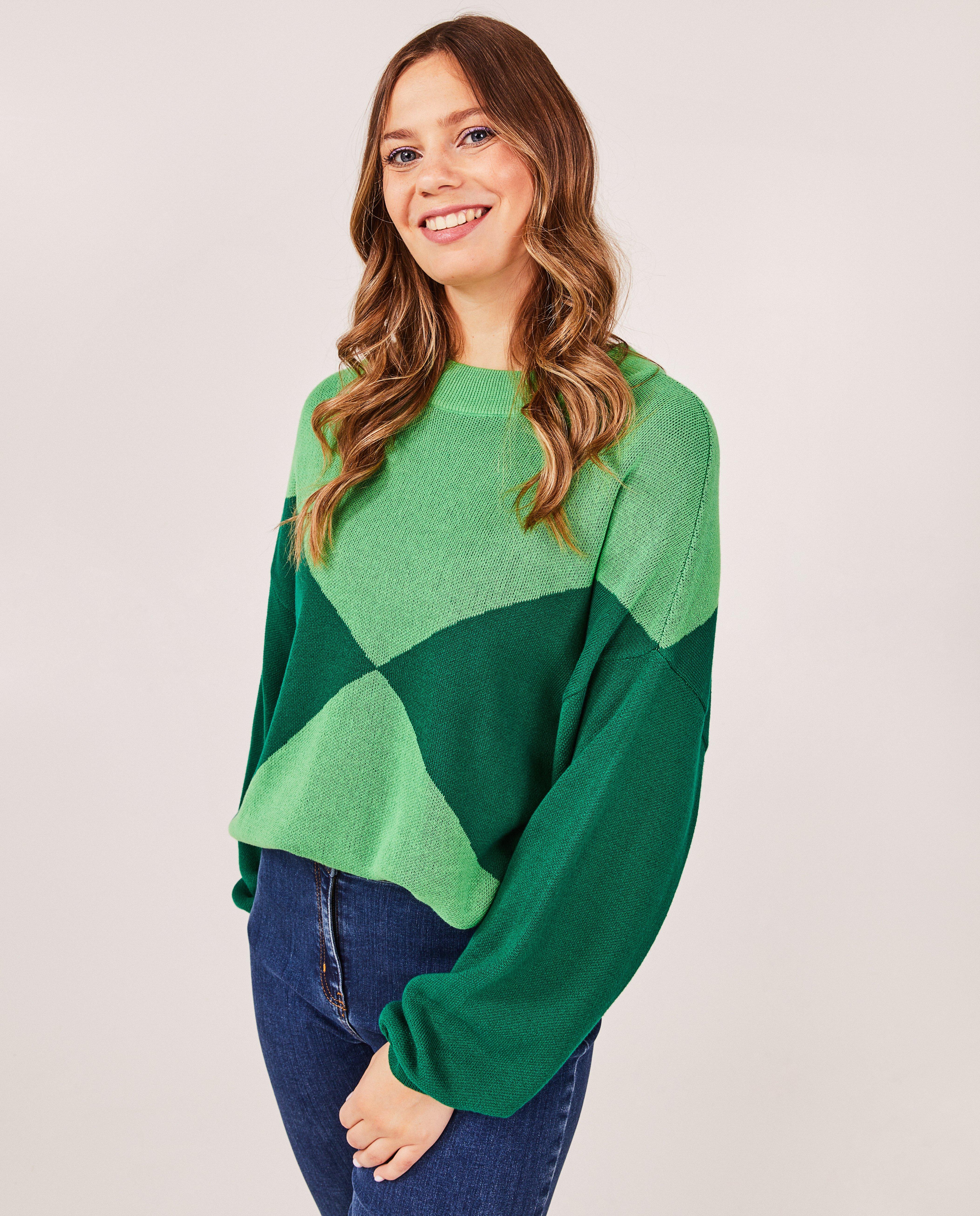 Groene trui met color block Maude Van der Vorst JBC Belgie Belgie