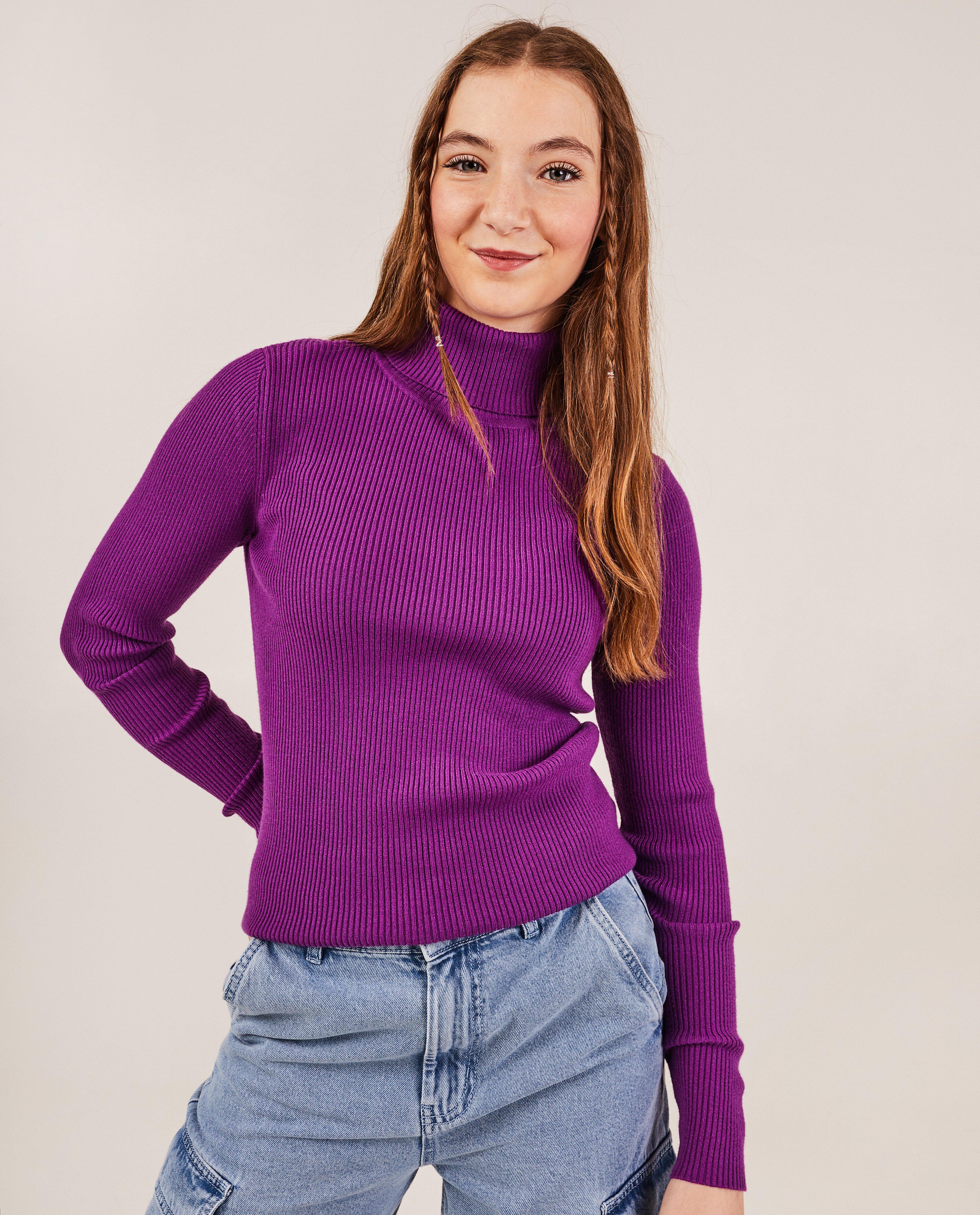Pulls - Pull mauve côtelé à col roulé