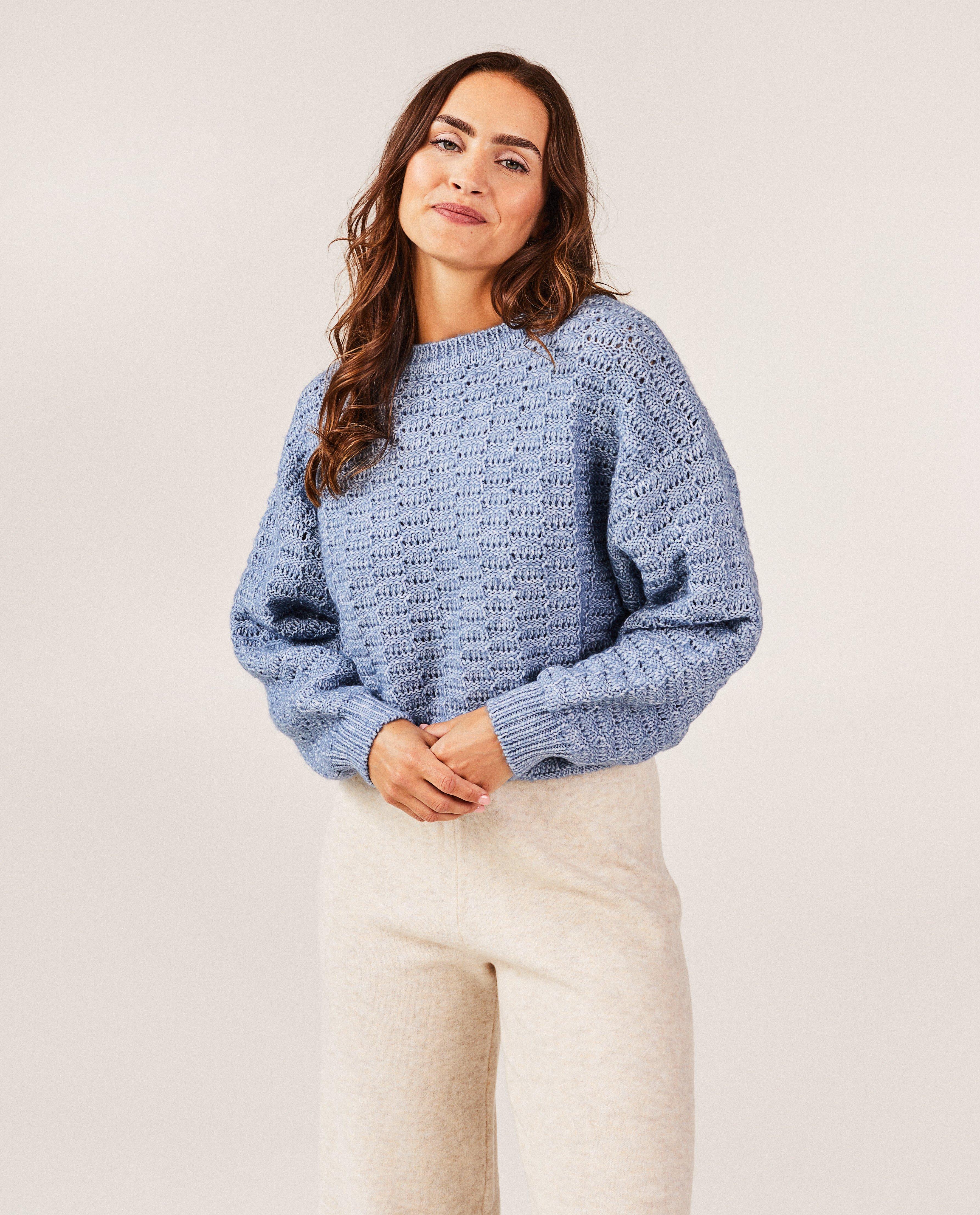 Truien - Blauwe trui met gebreid patroon, dames