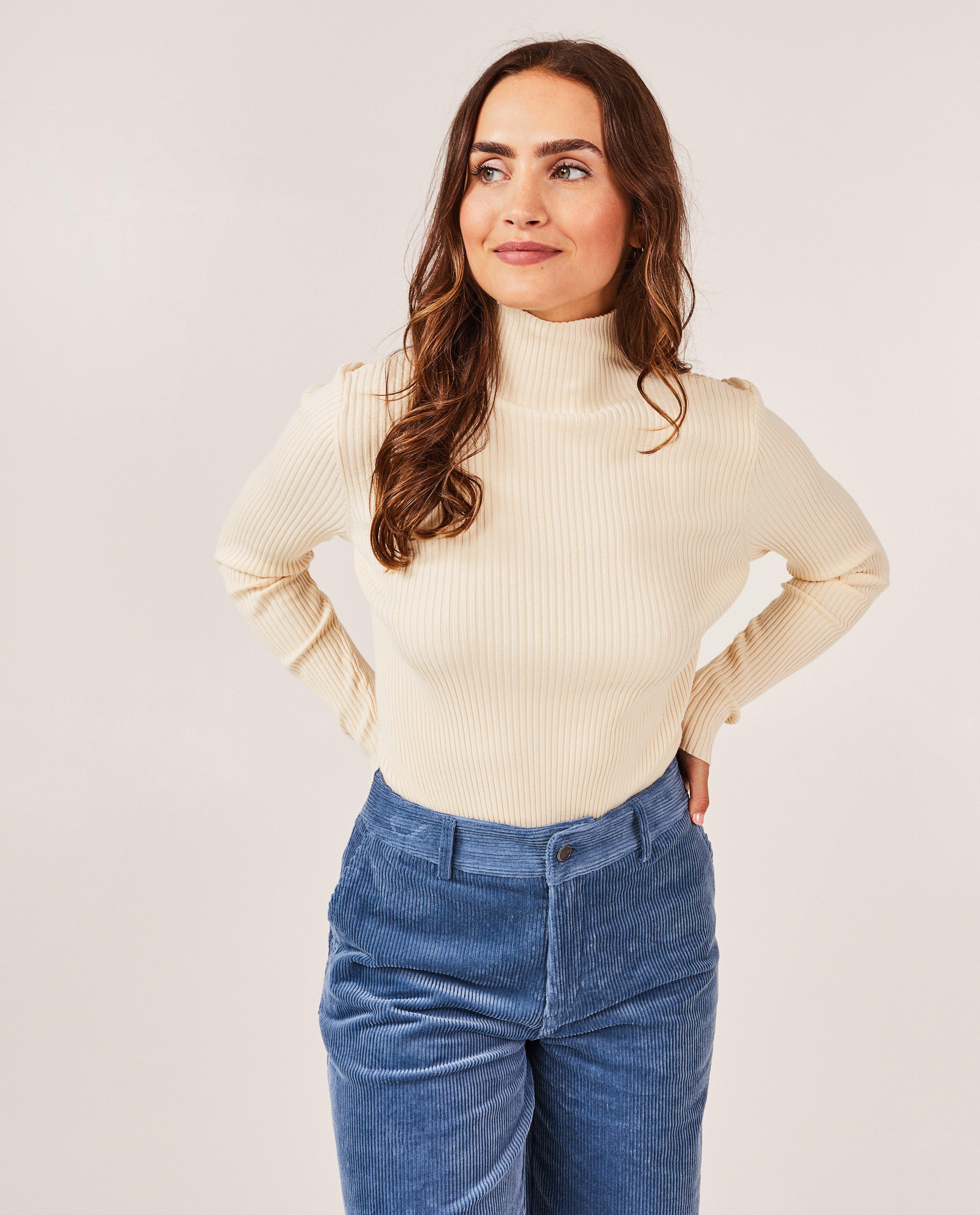 Truien - Beige longsleeve met rib, dames