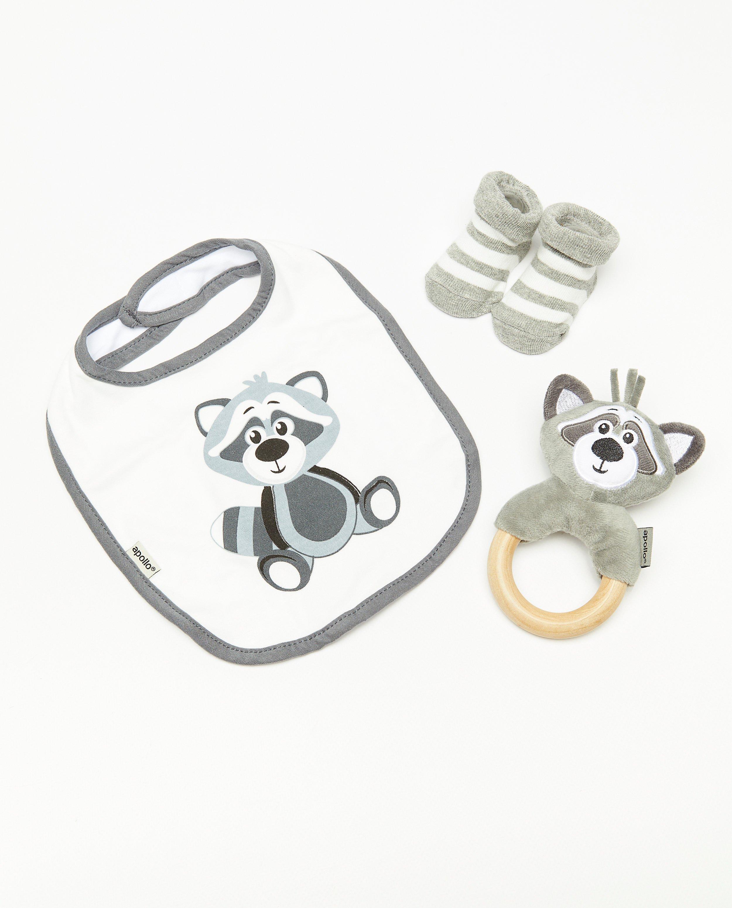 Coffret-cadeau raton laveur : hochet + chaussettes + bavoir - null - JBC