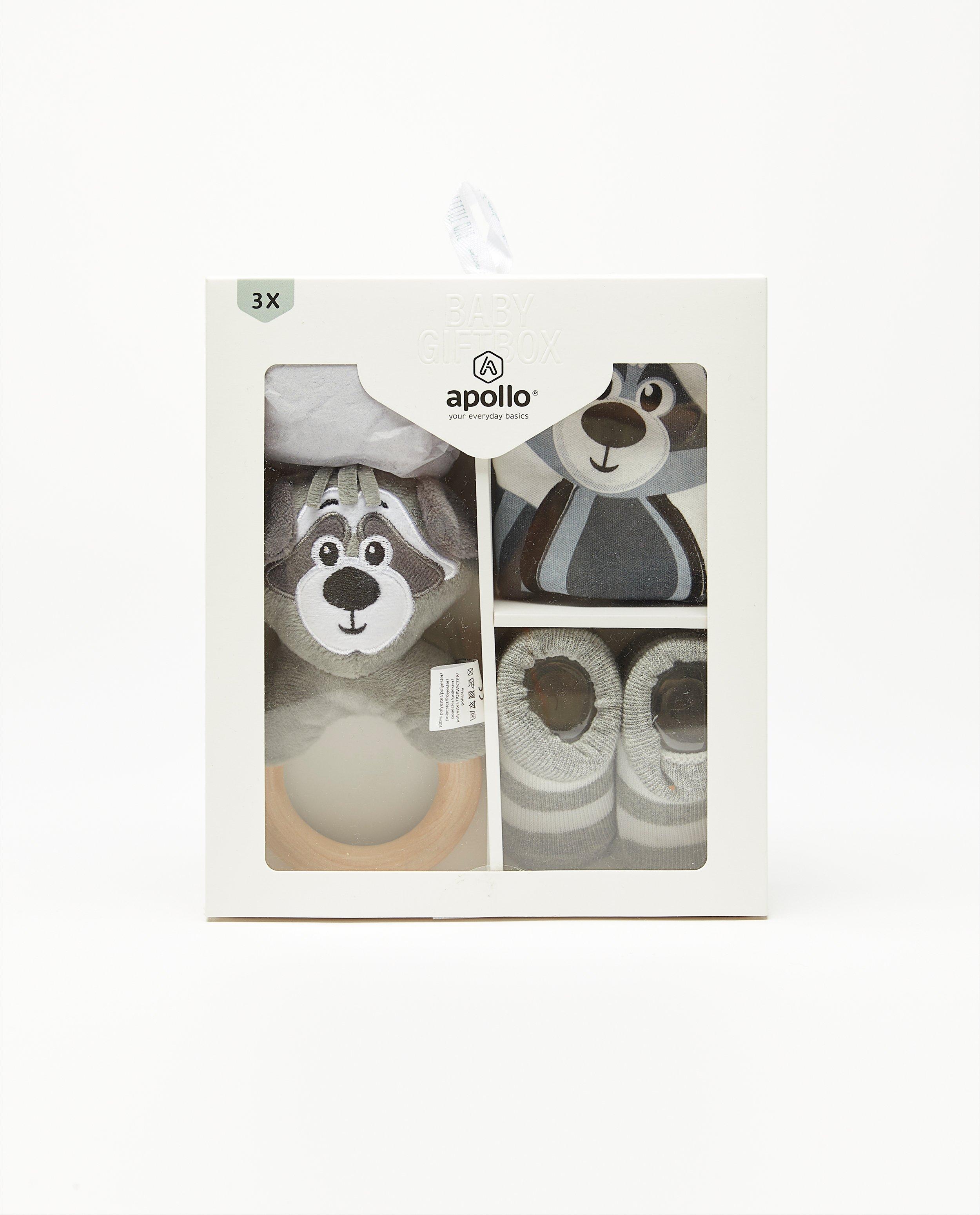 Accessoires pour bébés - Coffret-cadeau raton laveur : hochet + chaussettes + bavoir