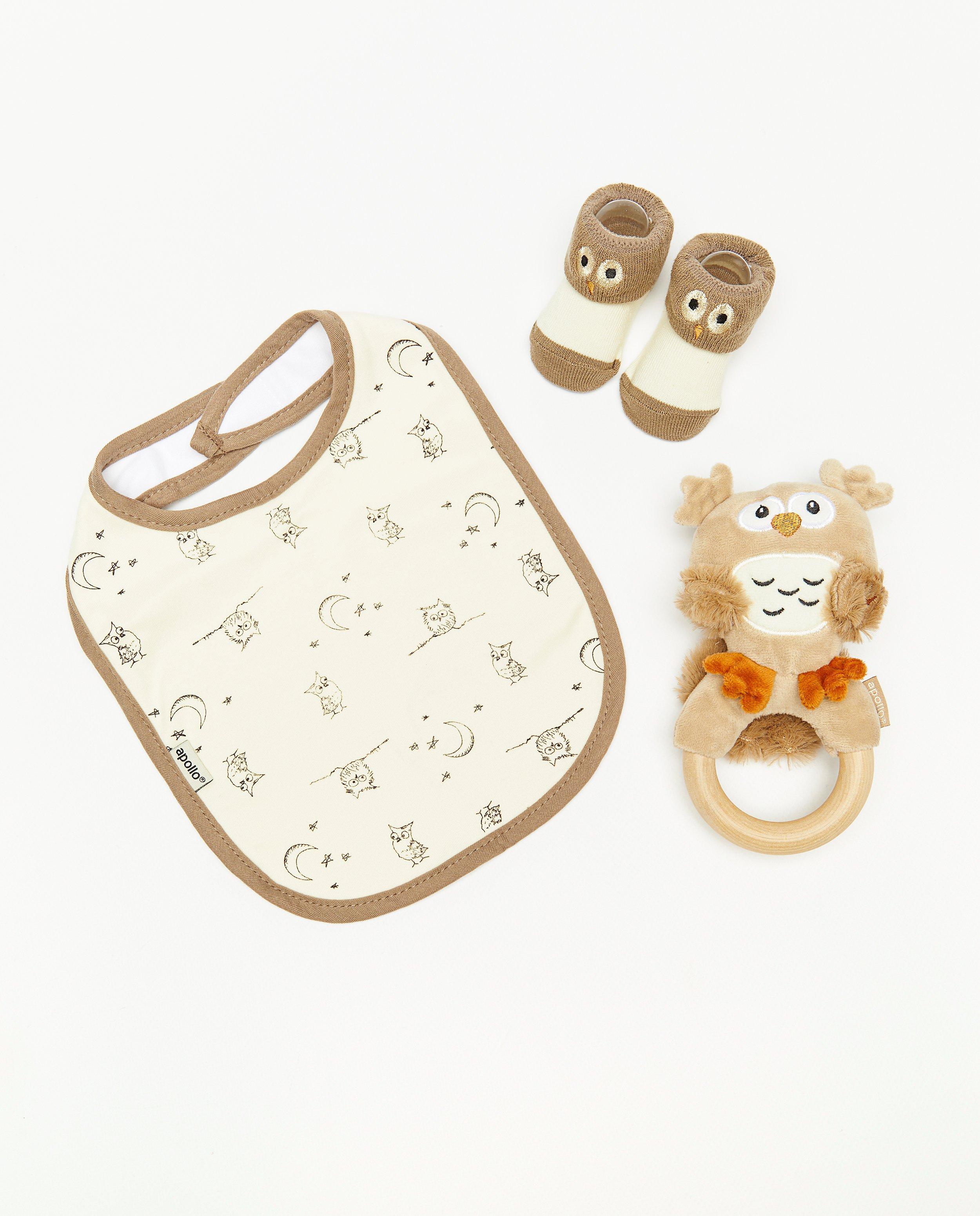 Coffret-cadeau hibou : hochet + chaussettes + bavoir - null - JBC