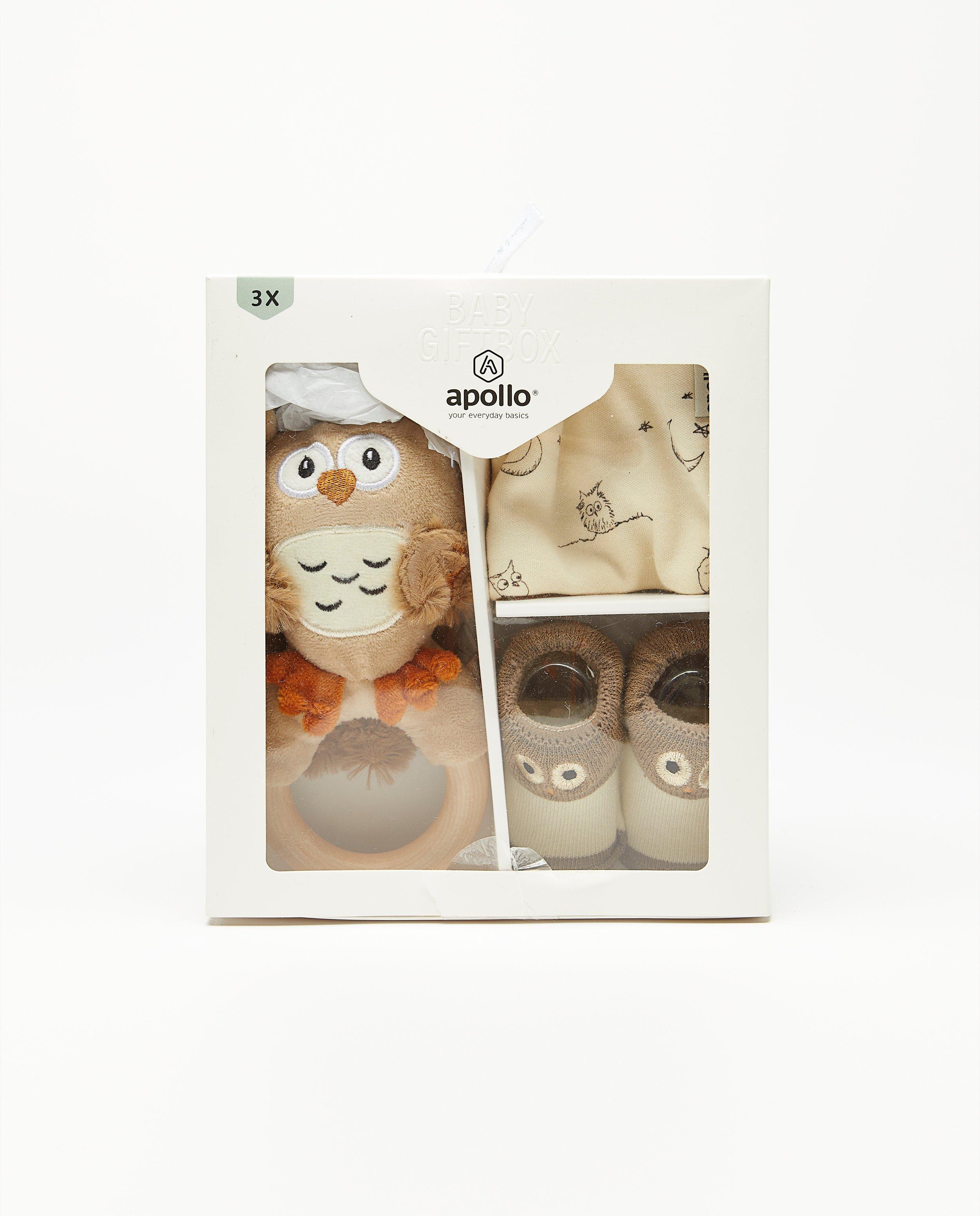 Accessoires pour bébés - Coffret-cadeau hibou : hochet + chaussettes + bavoir
