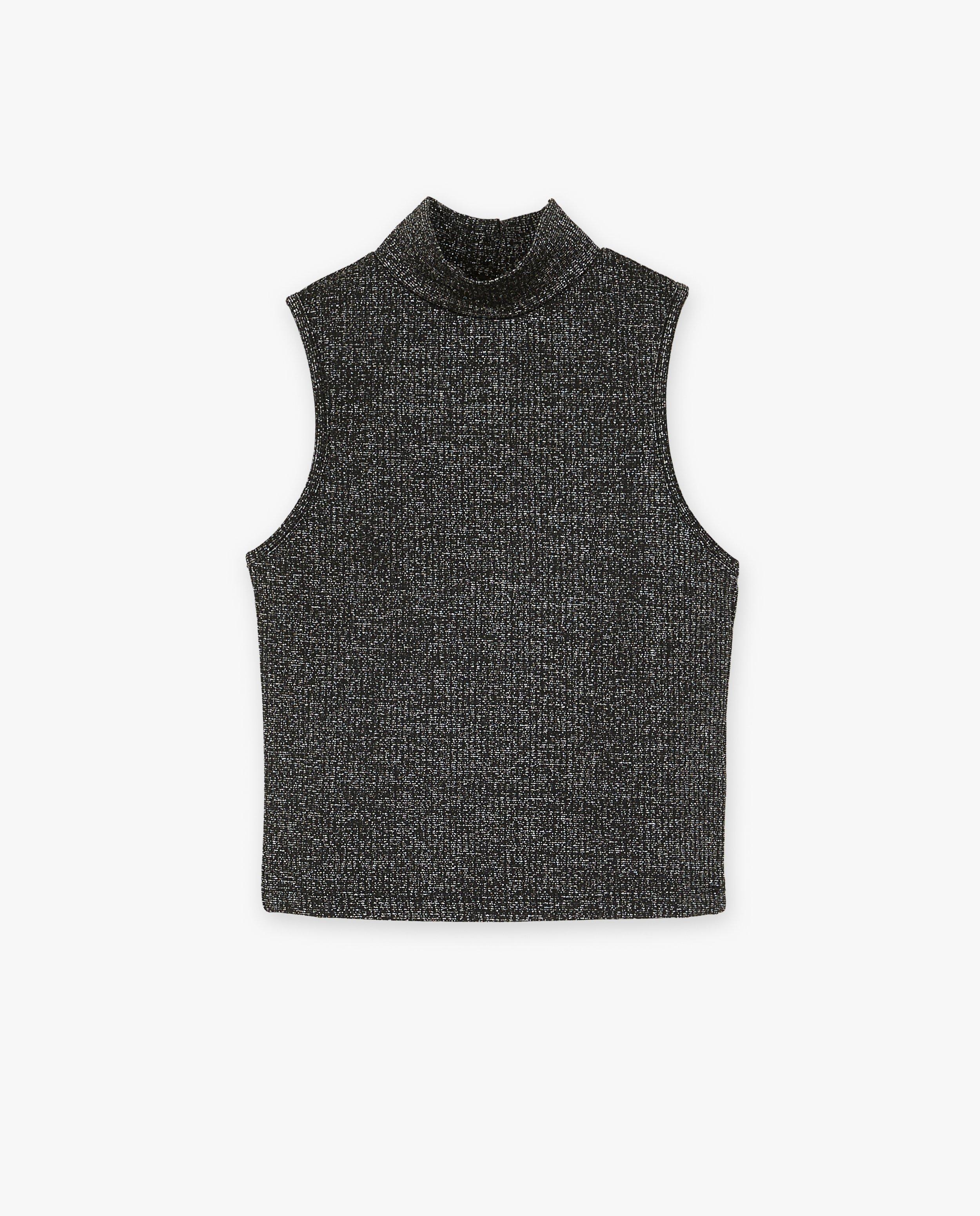 T-shirts - Zwarte top met metaaldraad, cropped fit