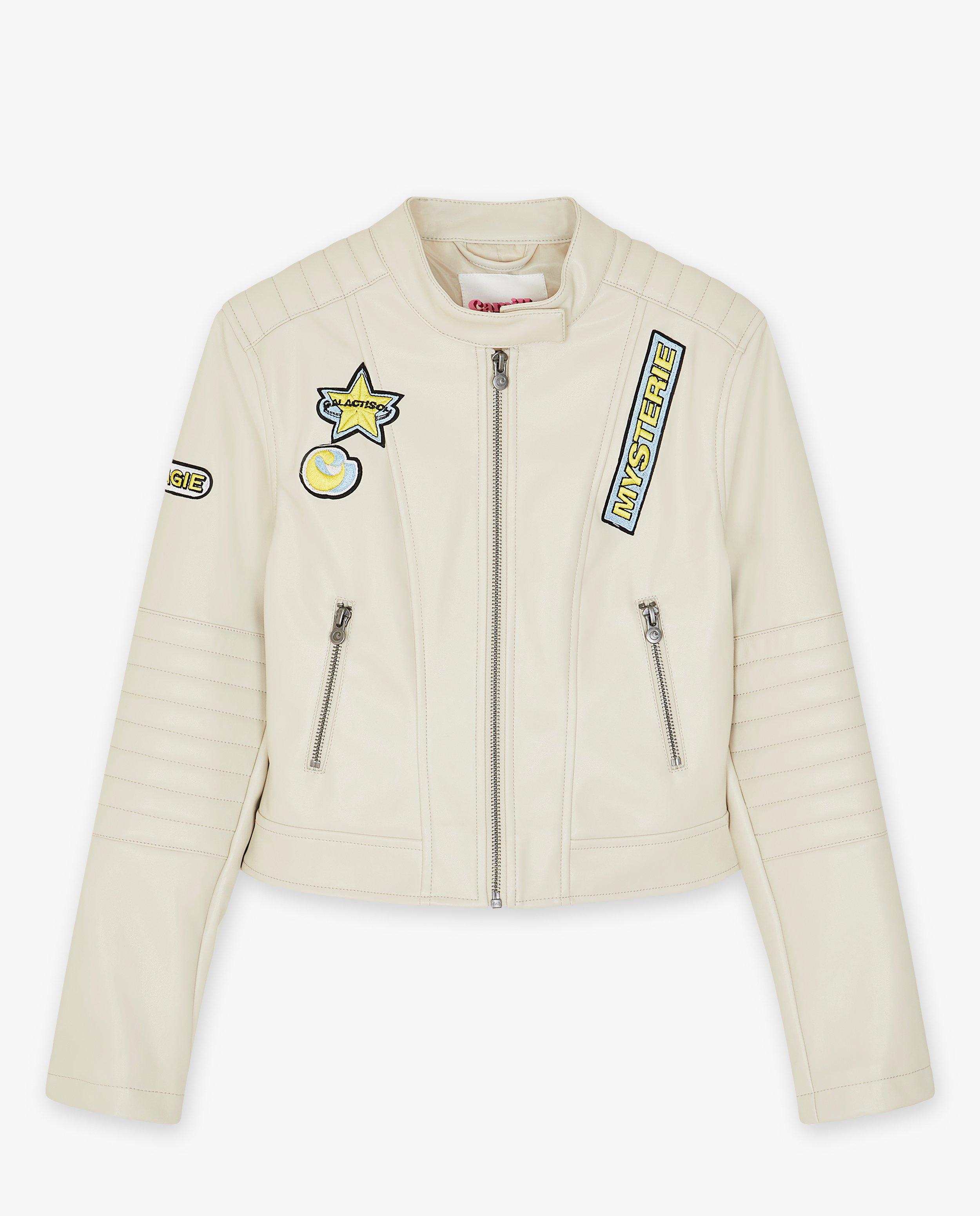 Poncho's en teddy's - Beige bikerjas met patches, 6-14 jaar