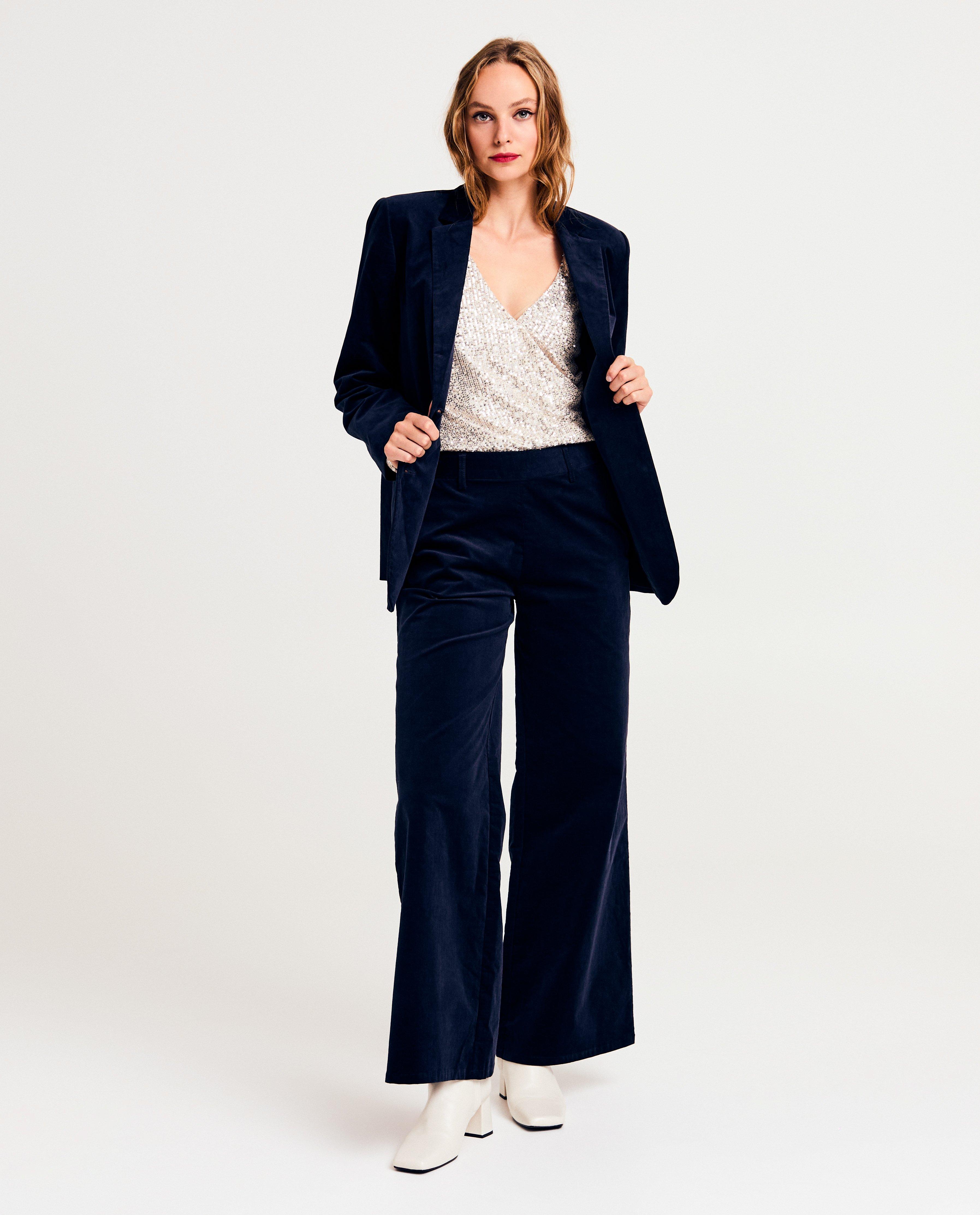 Pantalon en velours de coton bio, coupe &agrave; jambes larges - D&eacute;tails du produit - bleu fonc&eacute; - image num&eacute;ro 2