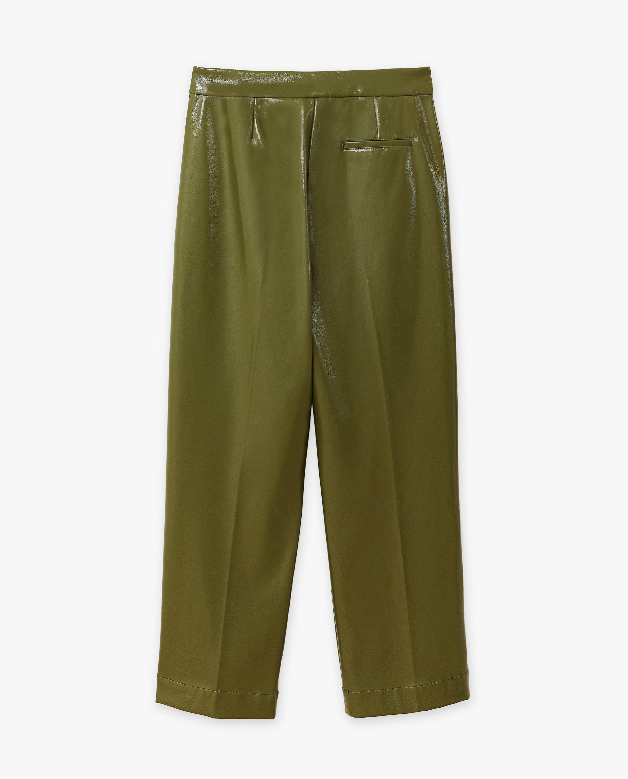 Broeken - Donkergroene laqué broek, cropped fit