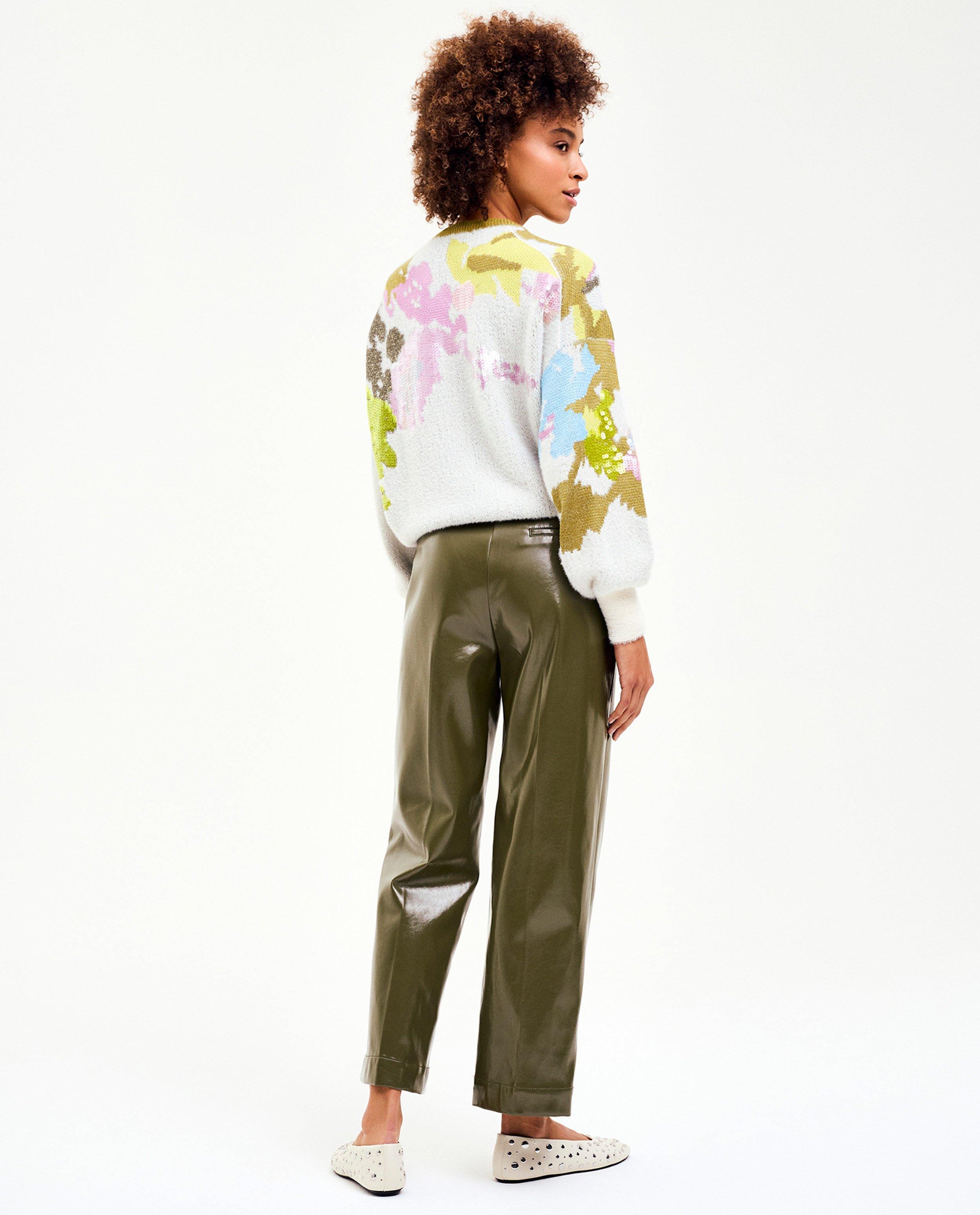 Broeken - Donkergroene laqué broek, cropped fit