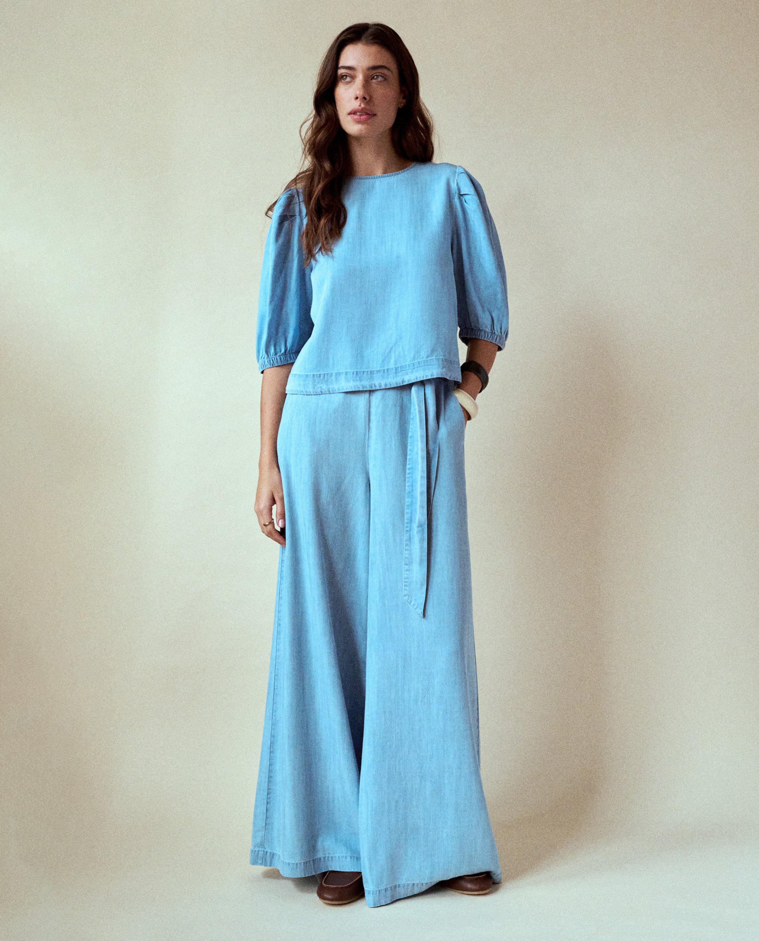 Broeken - Blauwe broek, wide leg fit