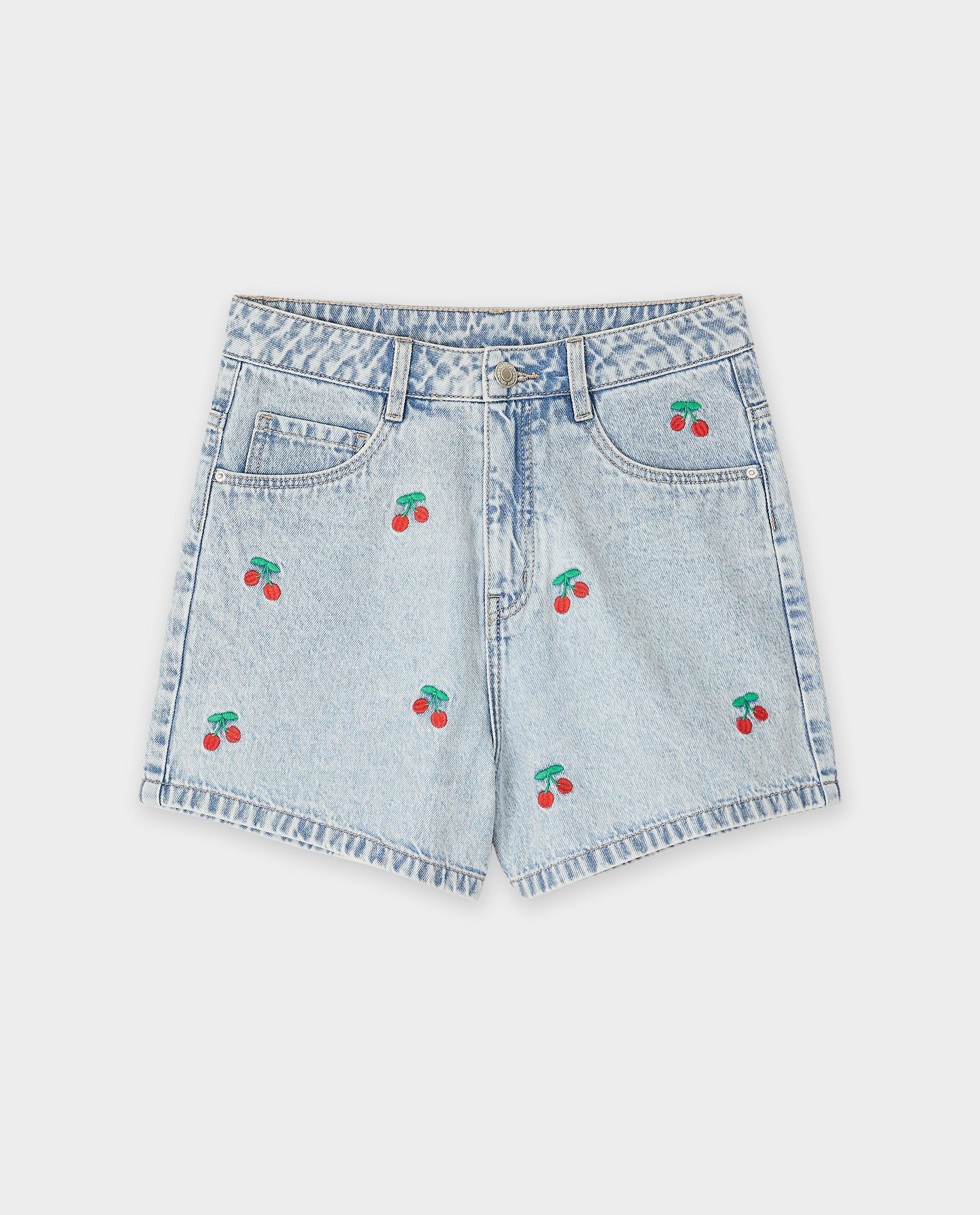 Shorten - Jeansshort met geborduurde kersen