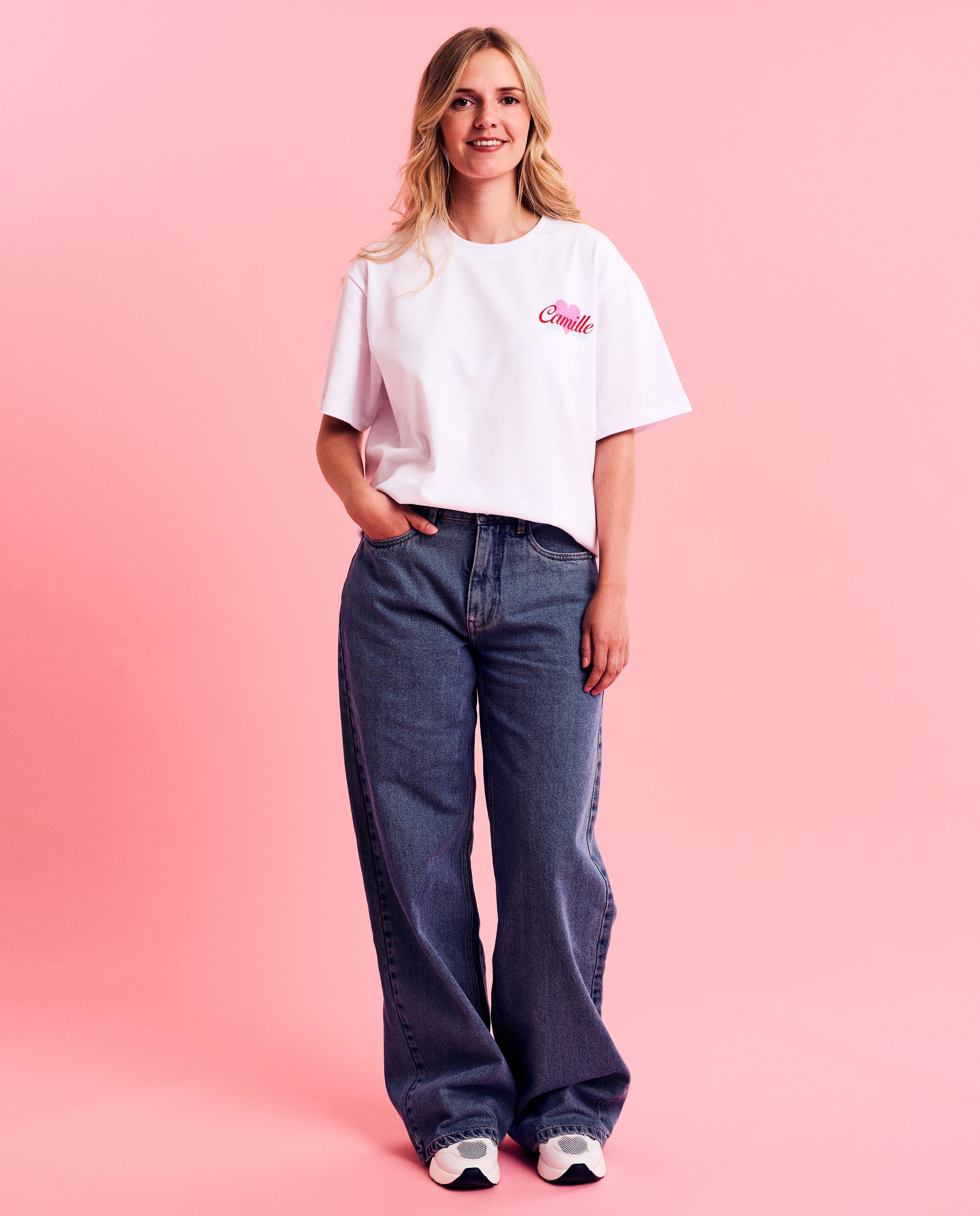 Jeans met geborduurd opschrift, wide fit, XS-XL
