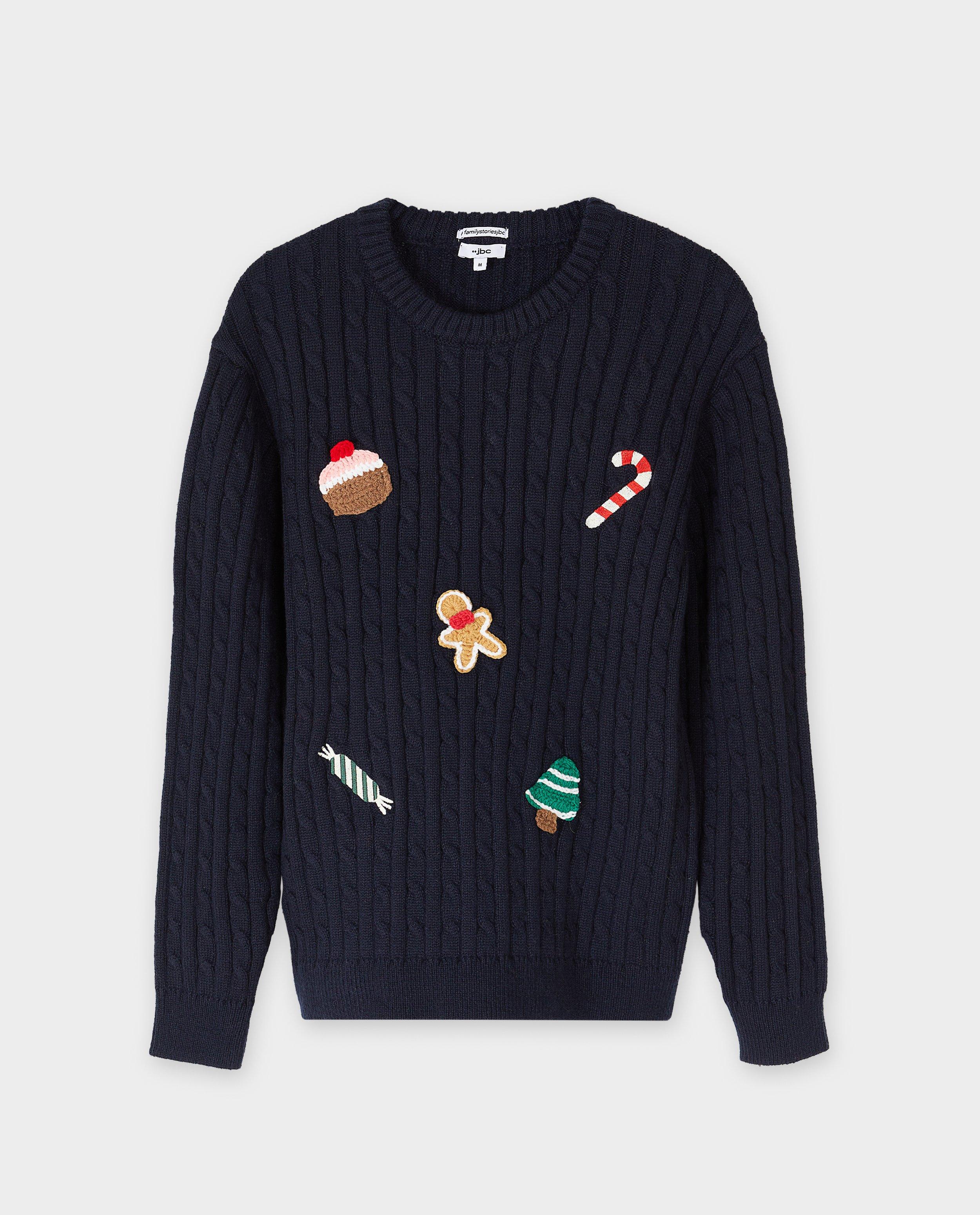 Pull de No&euml;l avec personnages brod&eacute;s et crochet&eacute;s, hommes, S-XXL - D&eacute;tails du produit - bleu fonc&eacute; - image num&eacute;ro 5
