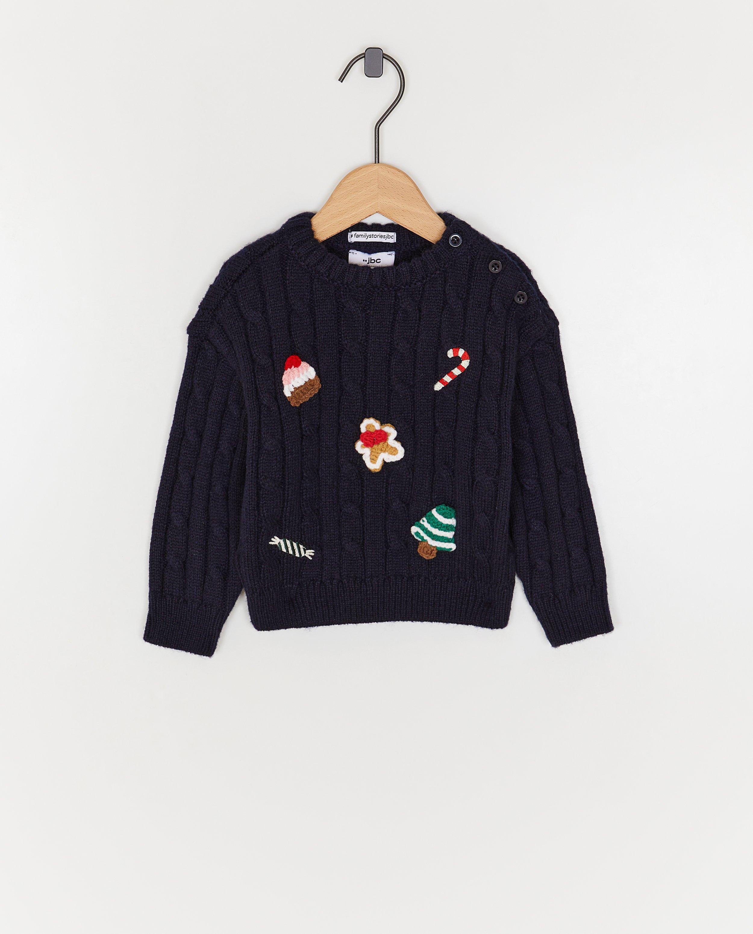 Pull de No&euml;l avec motifs brod&eacute;s et crochet&eacute;s, 62-92 - D&eacute;tails du produit - bleu fonc&eacute; - image num&eacute;ro 4