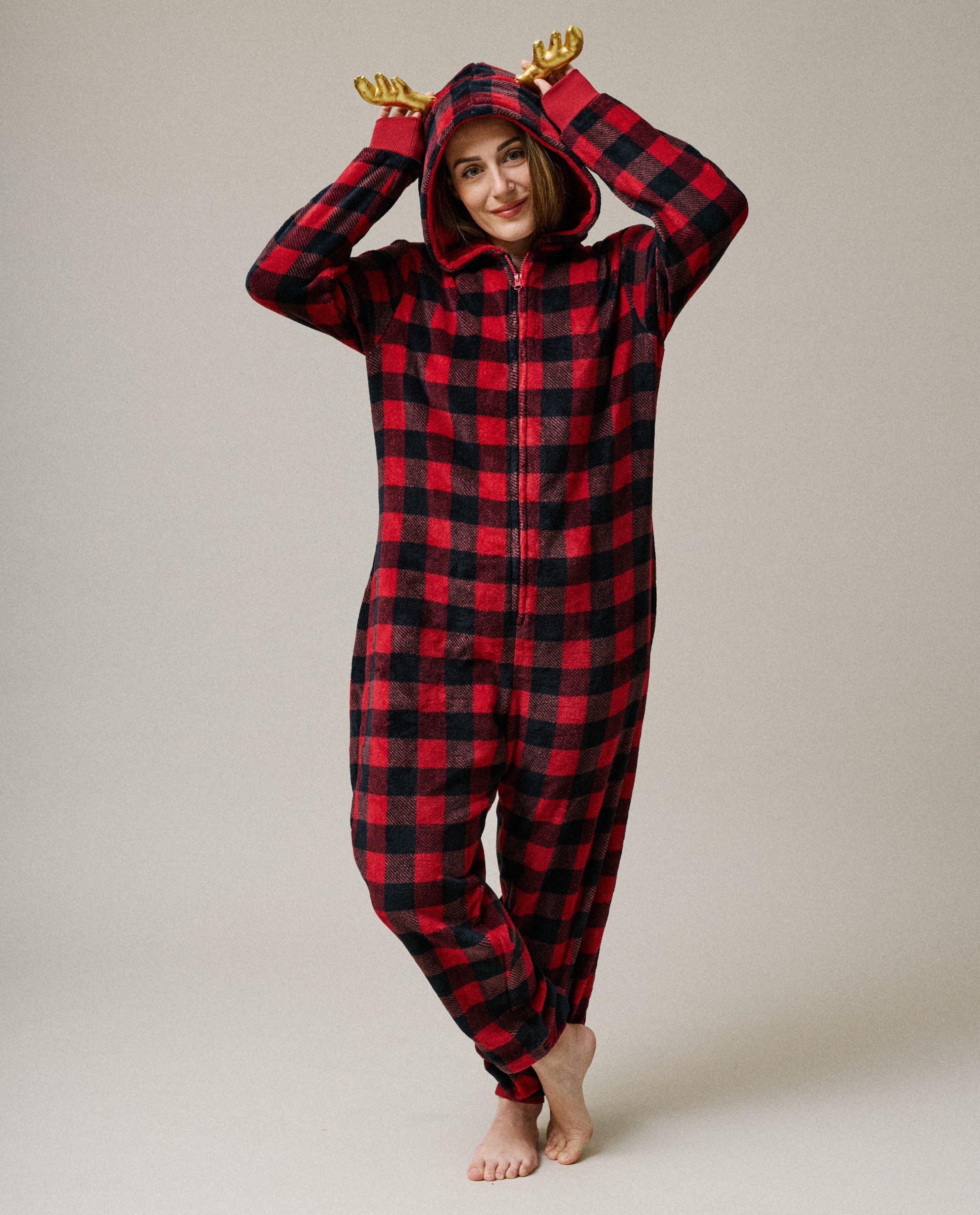 Fleece onesie met ruiten, dames, XS-XL