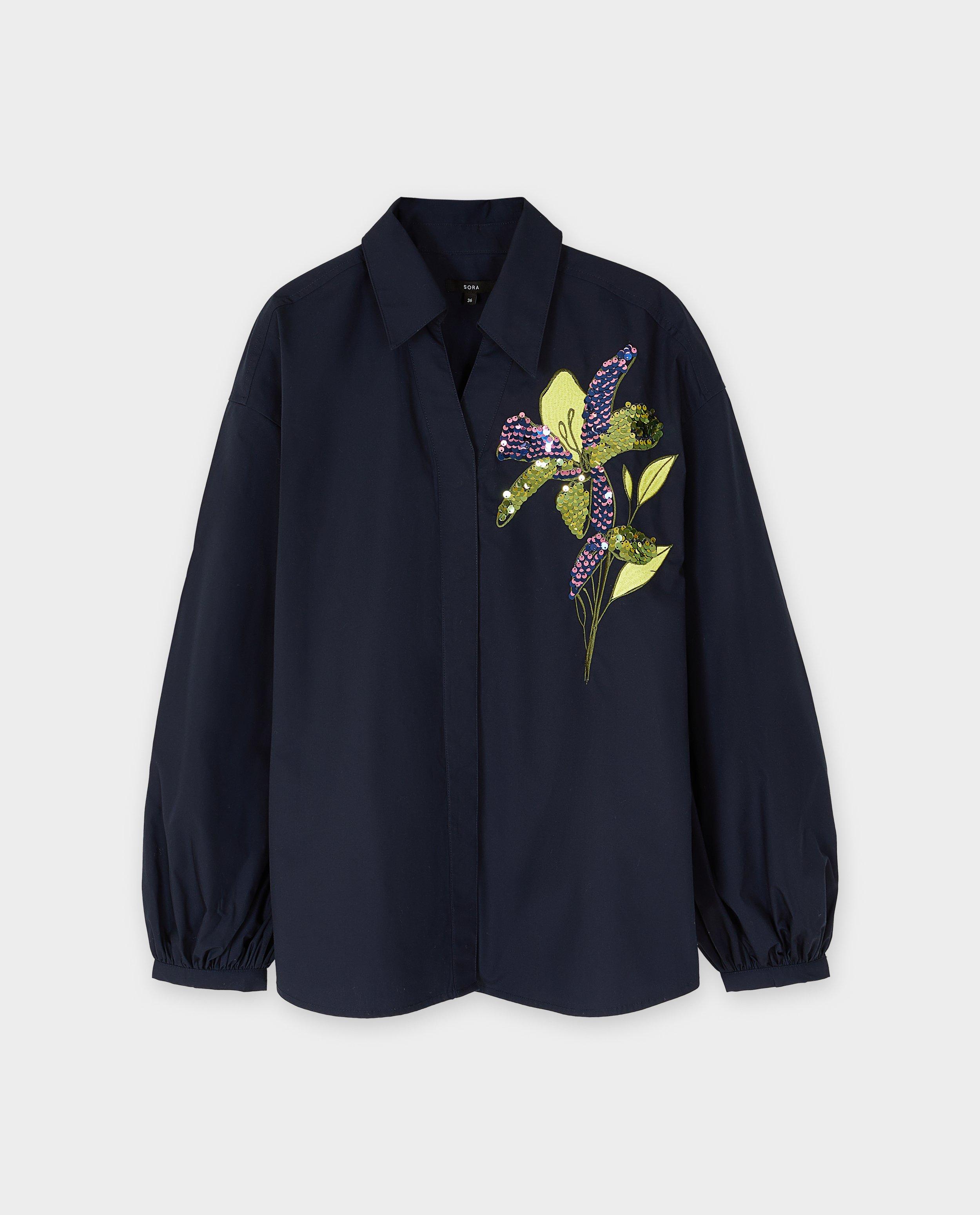 Chemises - Chemisier bleu foncé avec fleur brodée