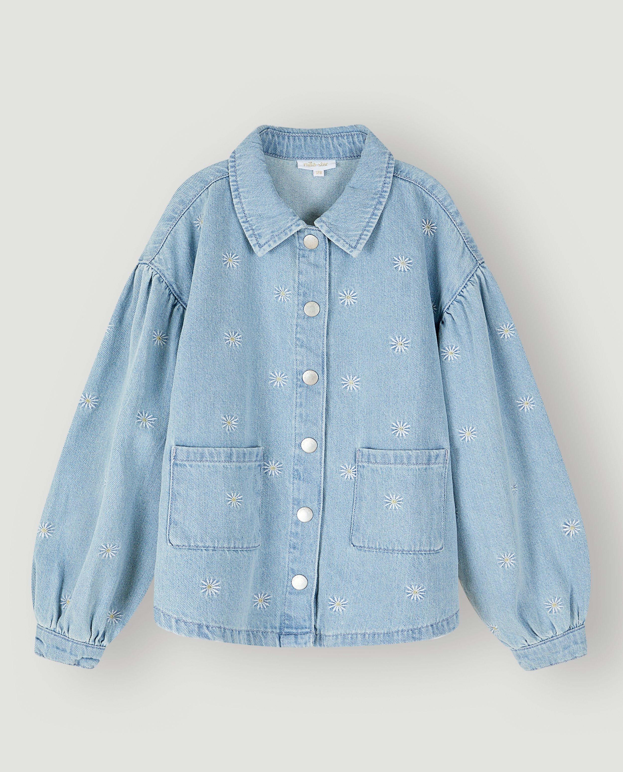 Chemise en jeans avec des fleurs brod&eacute;es, oversized fit, Special occasions, 116-152 - D&eacute;tails du produit - bleu clair - image num&eacute;ro 4