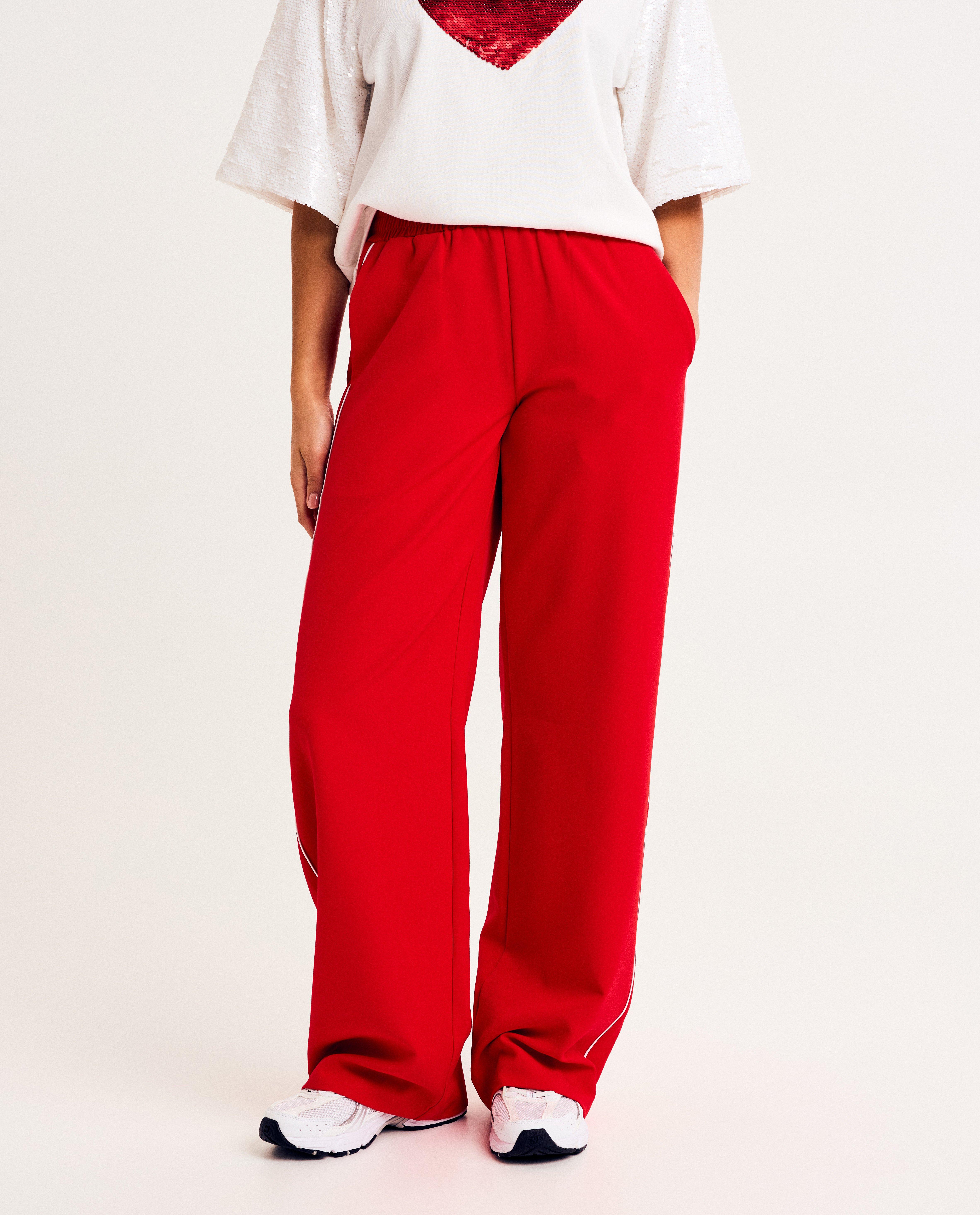 Broeken - Rode broek met sierbiezen, straight fit, 34-46