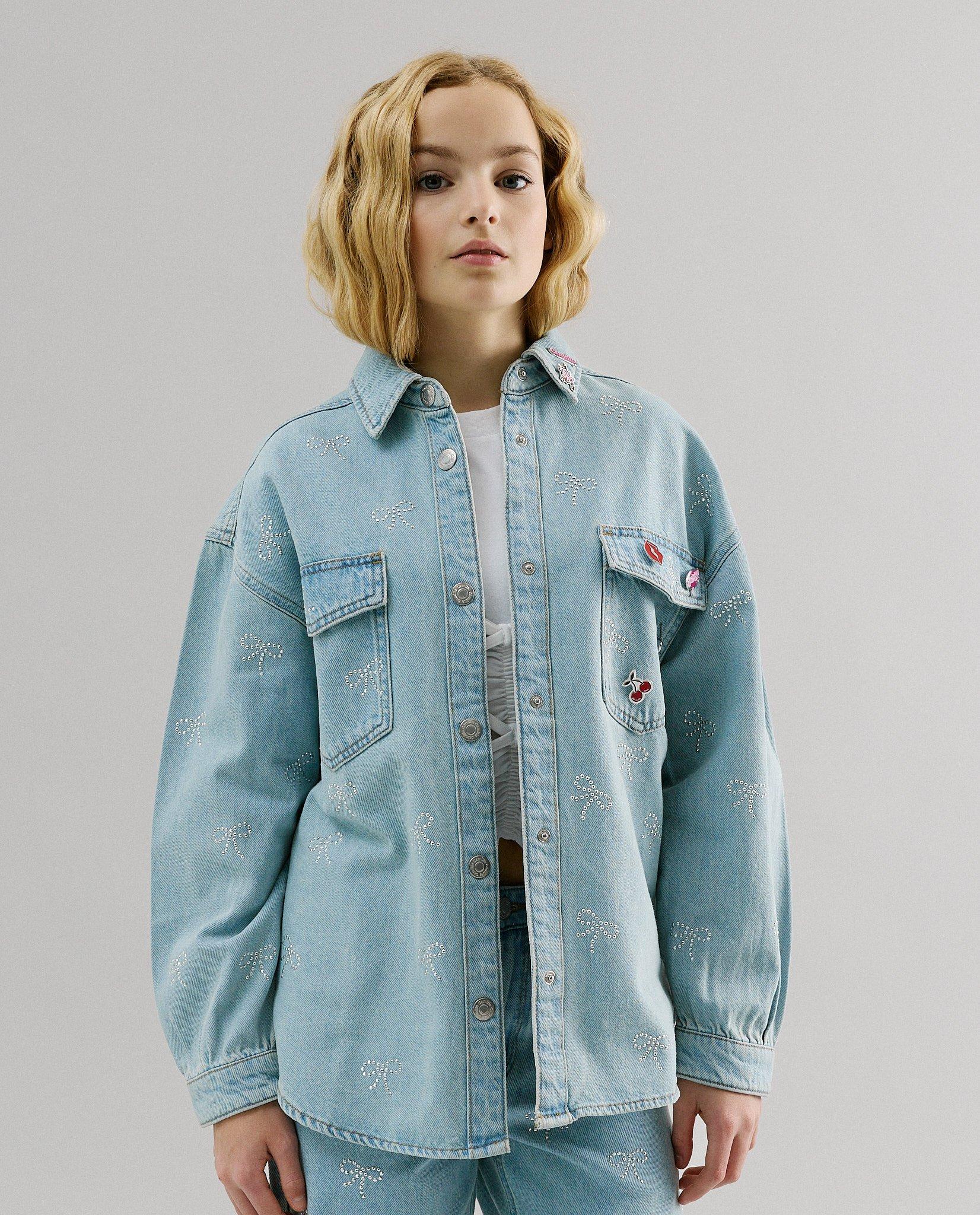 Chemise en jean avec n&oelig;uds en strass, coupe oversize, 116-164