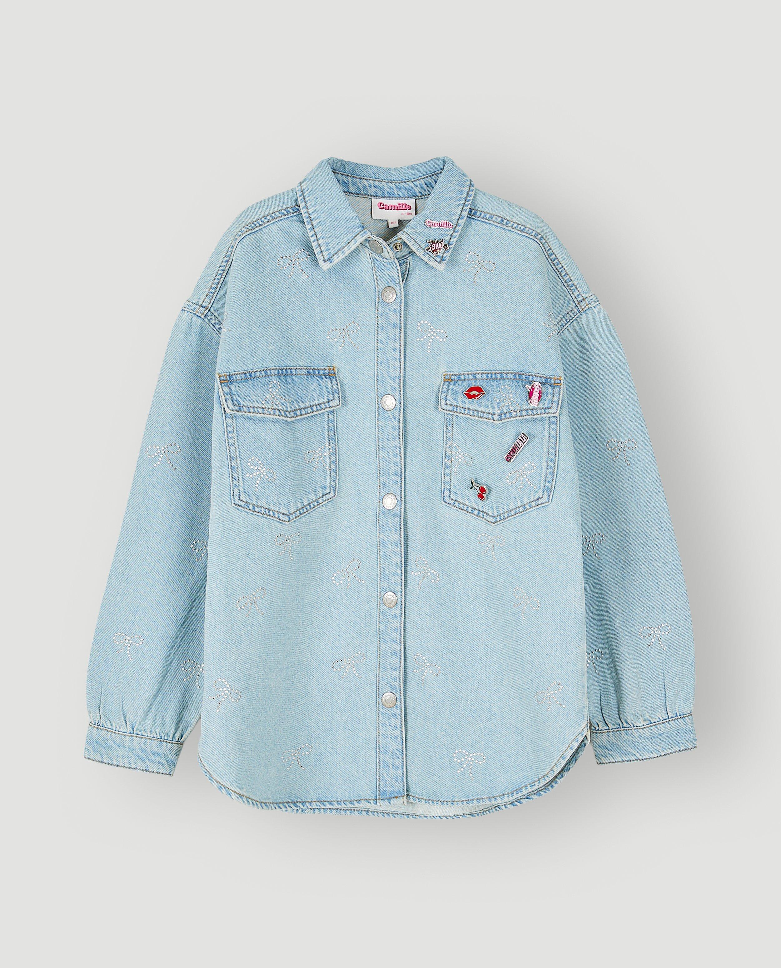 Chemise en jeans avec des petits n&oelig;uds en pierres d&eacute;coratives, oversized fit, 116-164 - D&eacute;tails du produit - bleu clair - image num&eacute;ro 6