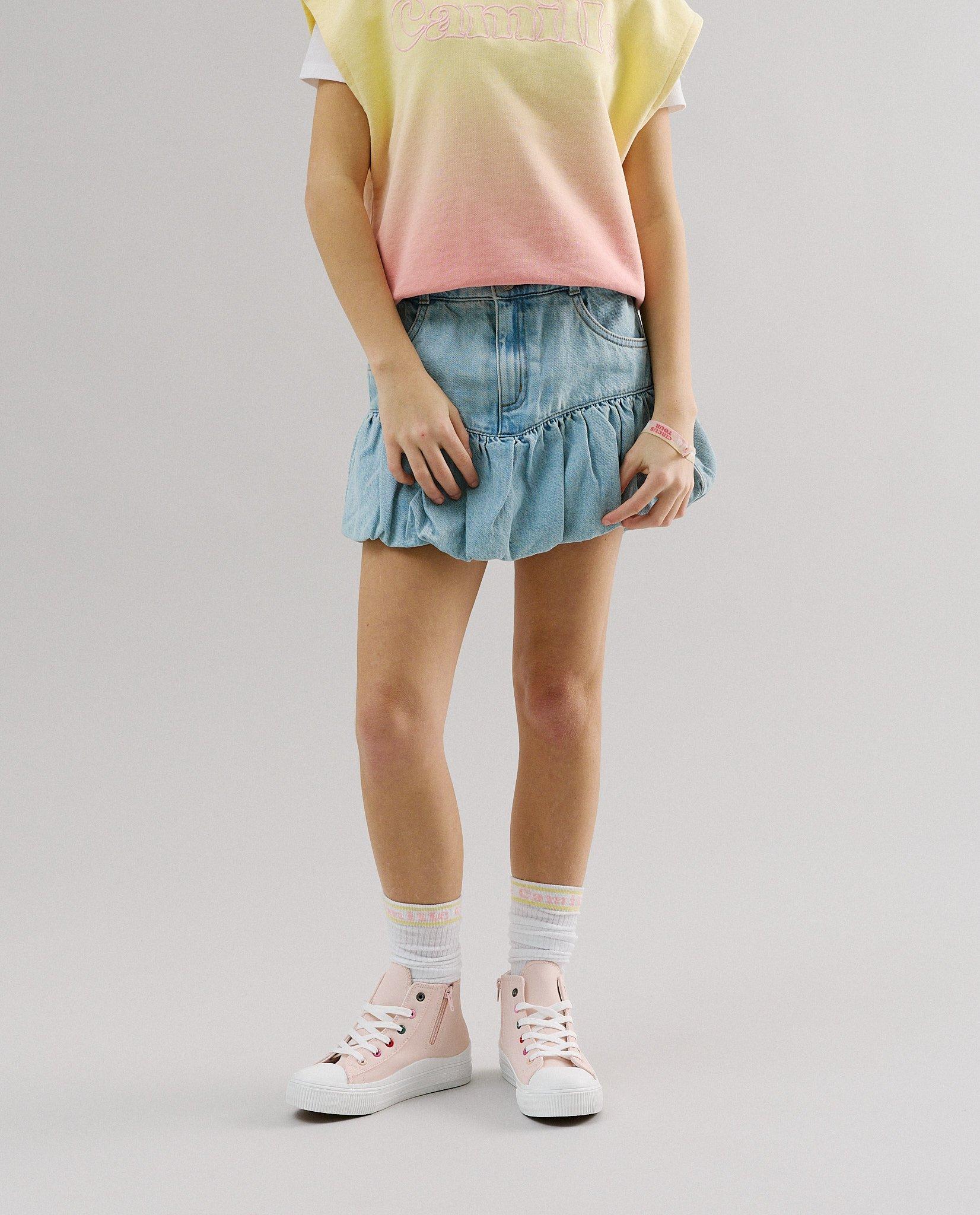 Jupe en jean avec d&eacute;tail tress&eacute;, coupe balloon, 116-164 - D&eacute;tails du produit - bleu clair - image num&eacute;ro 3