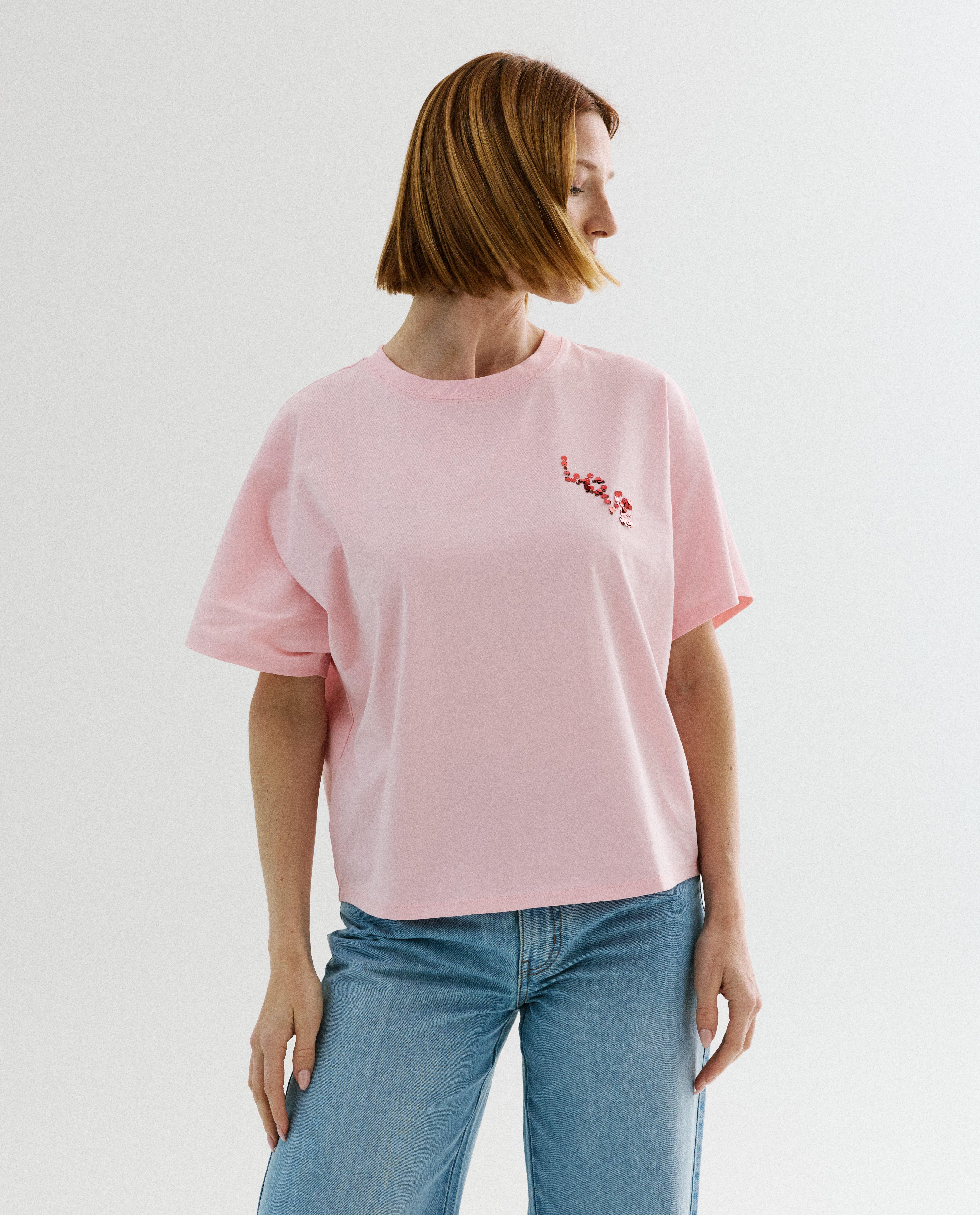 T-shirt met opschrift van pailletten, loose fit