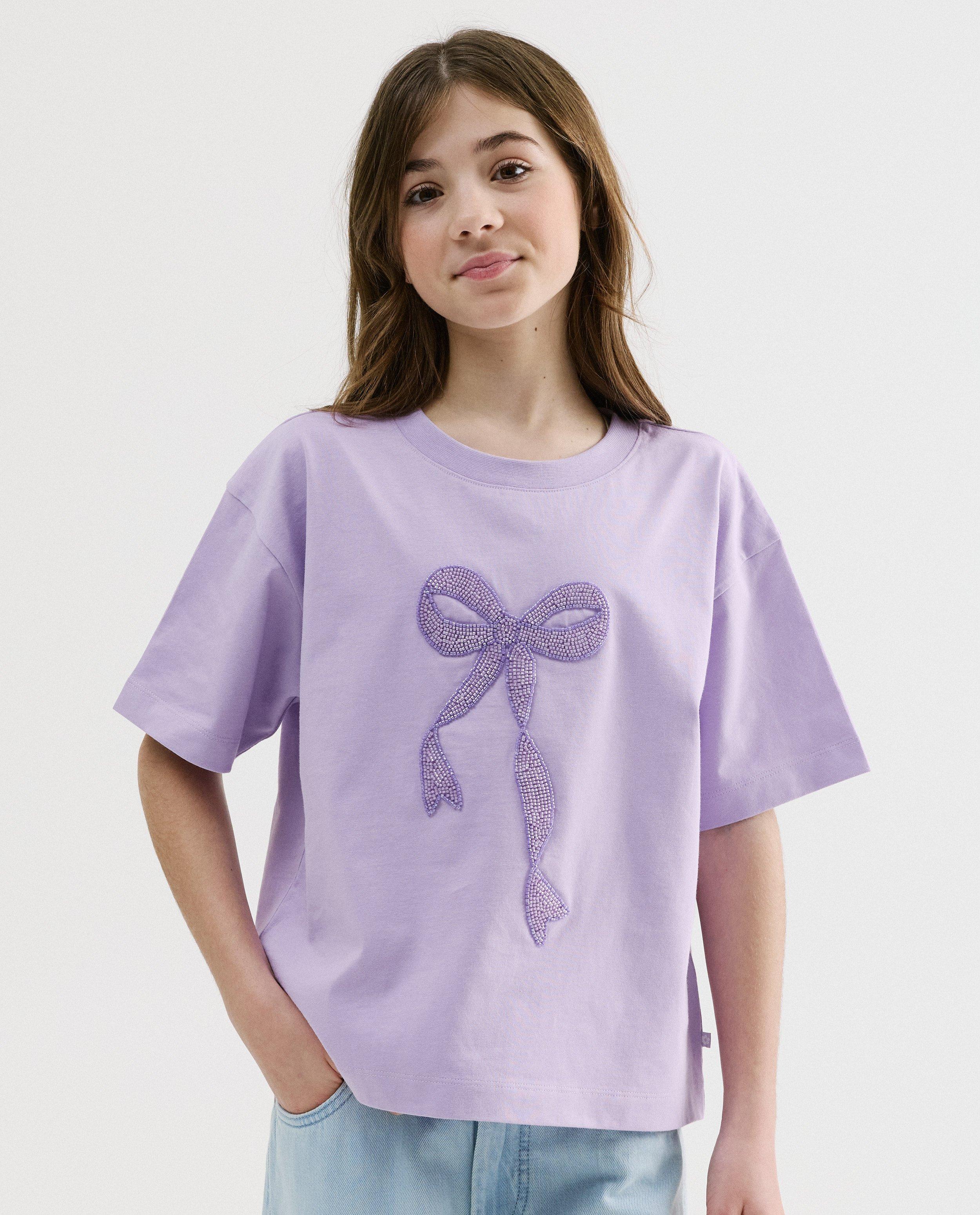 T-shirt avec n&oelig;ud en perles, relaxed fit, 134-176 - D&eacute;tails du produit - lilas - image num&eacute;ro 1